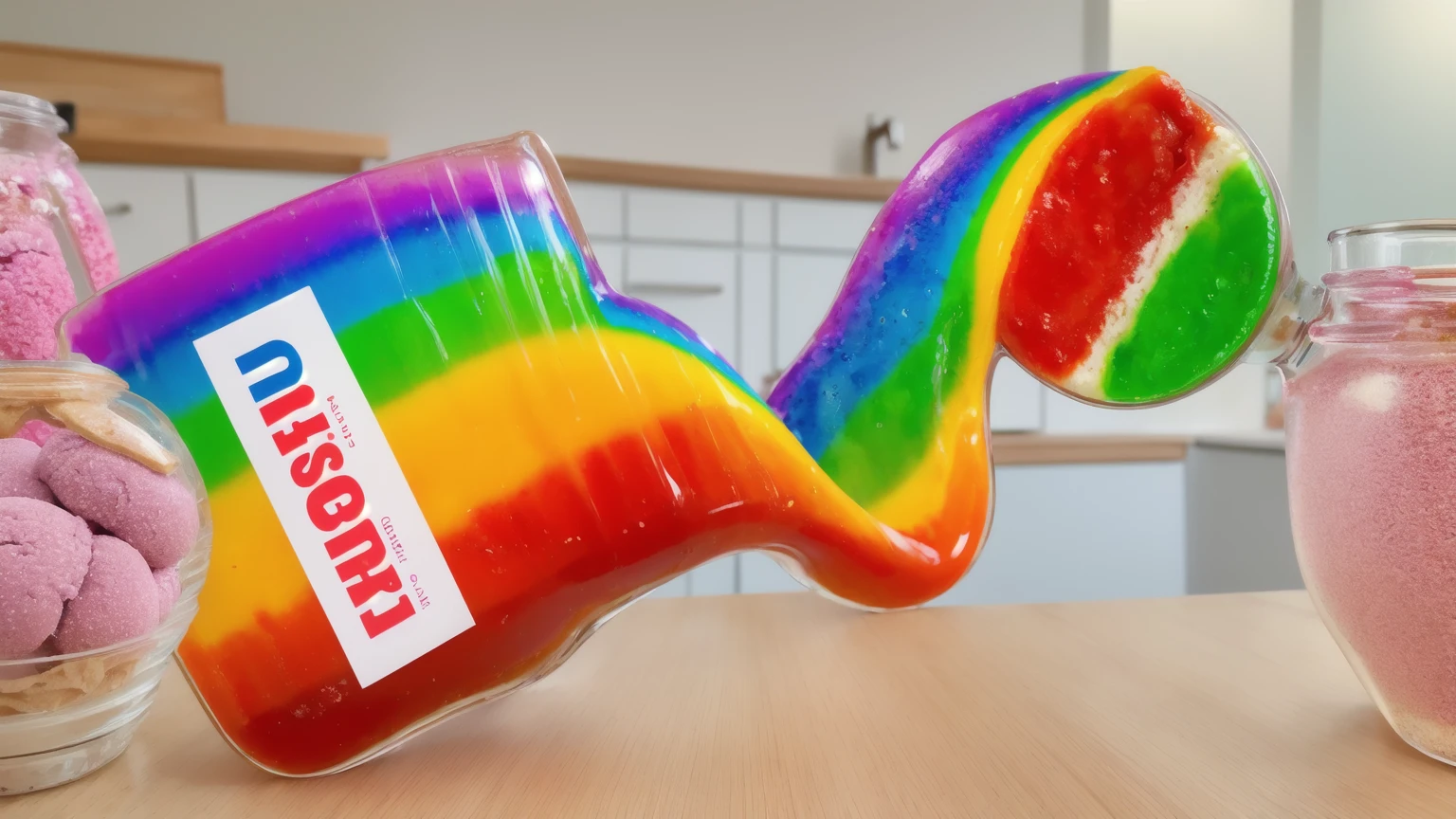 on a wooden table, glass jar with rainbow peanut butter, ice cream dipped in rainbow peanut butter, rainbow peanut butter stretch. against the background of the kitchen .beautiful lighting, Beautiful sunlight, bright lighting, Realistic style , realistic texture, detailed texture, a high resolution, high quality, ultra hd 4k,