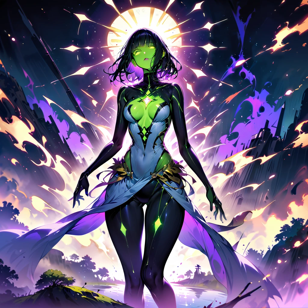 Young beautiful woman,(Highest quality,Extremely detailed depiction,Incredibly absurd high resolution,Anatomically accurate depiction,Nice hands, Perfect Fingers,Curvy Legs),(Glowing Skin,Shiny skin),A fantastic goddess in a gorgeous costume,There is cleavage in the chest,Glossy Lips,Sweat,whole body,background:A fantastic and mysterious giant island,Mysterious sight,Island Focus,
