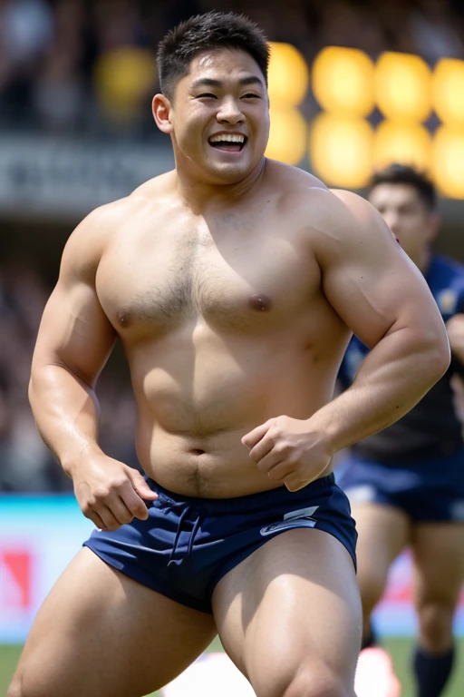 ((highest quality)), ((masterpiece)), (detailed), ((Perfect Face)), 4k, Shaved head, Young Japanese, Muscular, Fat body, Very big man, smile, ((showing off crotch)) A large Japanese man shirtless、whole body、Rugby player、Thick legs、Thick arm muscles、Intimidating、whole body、wearing a very tight and very short black-shorts, (shirtless)、((At the rugby field)), Legs open, haka dance, 24yo