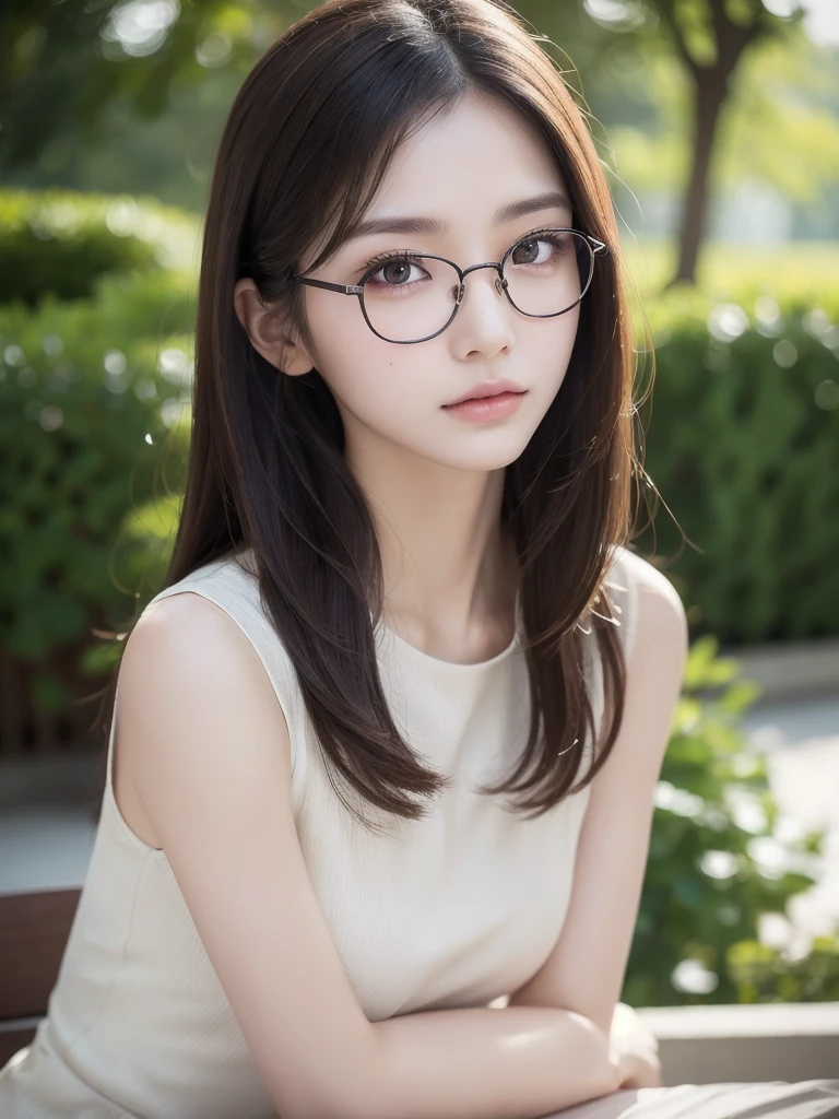 a cute woman, 8K, beautiful detailed eyes, upper body, beautiful detailed lips, extremely detailed eyes and face, long eyelashes, slender body, thin face, delicate features, flawless porcelain skin, glistening sweat, realistic, casual summer outfit, one-person viewpoint, Fuji Film, F/1.2, masterpiece, nffsw, super detail, high quality, best quality, high resolution, glasses, mole under right eye, arms crossed