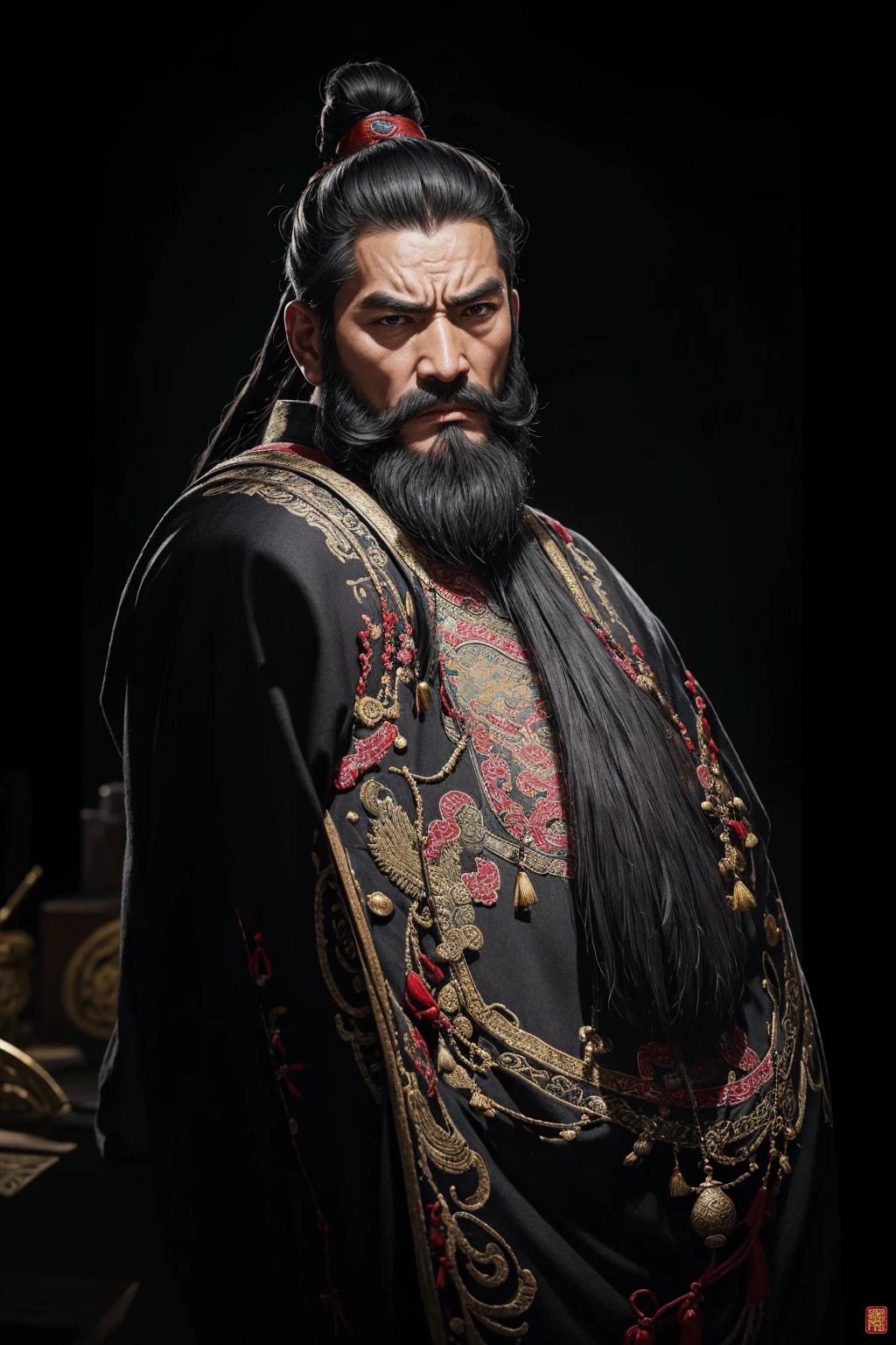 oriental、man in ancient chinese clothes、ancient chinese hairstyle man、three kingdom、multiple warlords、highest quality、masterpiece、ultra high resolution、(realistic:1.4)、game poster、Clear and beautiful image quality、Black clothes、long beard、Embroidered cloth wrapped in a topknot、no background、angry face、desk in front of me