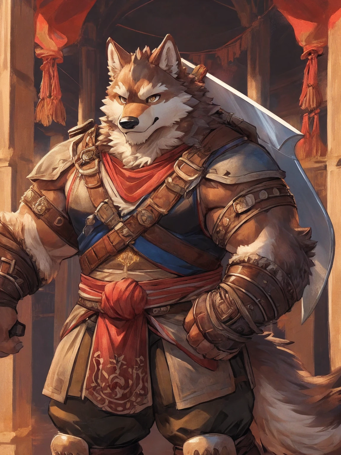 1. **type**:Wolf 2. **gender**:Male 3. **appearance**:Brown fur,Golden Eyes,thick physique 4. **Clothing and Decoration**:((Wearing mercenary clothing)),Carrying a huge sword on his back, #### Scenography 1. **background**:日本style的山間寺廟,寺廟周圍有Cherry tree和Stone lanterns 2. **detail**:Sakura petals falling in the air,Mountain peaks are faintly visible in the distance #### Text content 1. **theme**:Glory and Protection 2. **intonation**:Solemn and inspiring 3. **Sentence Structure**:`"Guard the Faith,"Defend the Glory"` #### 圖像style 1. **style**:Epic and traditional combined, 2. **tone**:Soft pinks combined with stately browns and golds,Highlighting the majesty of the samurai and the beauty of the cherry blossoms #### 其他detail 1. **Posture and expression**: - bear standing in front of temple,Hold a greatsword,firm eyes,Show protection and determination 2. **background元素**: - 日本style的寺廟,Cherry tree,Stone lanterns,Falling cherry blossom petals,distant mountain peaks ### final design 1. **role conception** - **Wolf**:Brown fur,Golden Eyes,thick physique。穿著Wearing mercenary clothing,Carrying a huge sword on his back,。 2. **Scenography** - **background**:日本style的山間寺廟,寺廟周圍有Cherry tree和Stone lanterns。Sakura petals falling in the air,Mountain peaks are faintly visible in the distance。 3. **Text content** - below or above the diagram,Written in a solemn and inspiring font:`"Guard the Faith,"Defend the Glory"` ### Image design recommends that you use design software(Like Photoshop、Procreate等)To realize this picture。The following are specific step-by-step recommendations: 1. **background創建**:畫出日本style的山間寺廟background,包括Cherry tree、Stone lanterns、Falling cherry blossom petals和distant mountain peaks。 2. **character drawing**:Draw male bear character according to description,特別注意武士鎧甲和巨劍的detail。 3. **Posture and expression**:bear standing in front of temple,Hold a greatsword,firm eyes,Show protection and determination。 4. **Add text**:Choose the right location,使用莊嚴和鼓舞的字體將Text content`"Guard the Faith,"Defend the Glory"`Add to diagram。Sky Demon