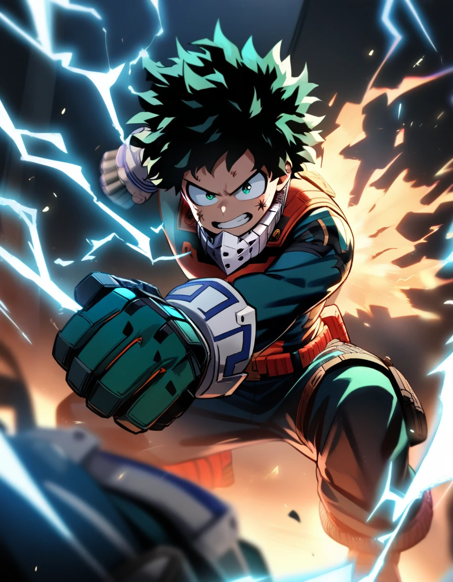 1 boy, male focus, midoriya izuku, boku no hero academia, injury, electricity, masterpiece, best quality, very aesthetic, absurdres, detailed facial features, muscular male body, epic action pose, glowing electrical sparks, intense expression, heroic, dramatic lighting, cinematic camera angle, vibrant colors, studio lighting, hyper detailed