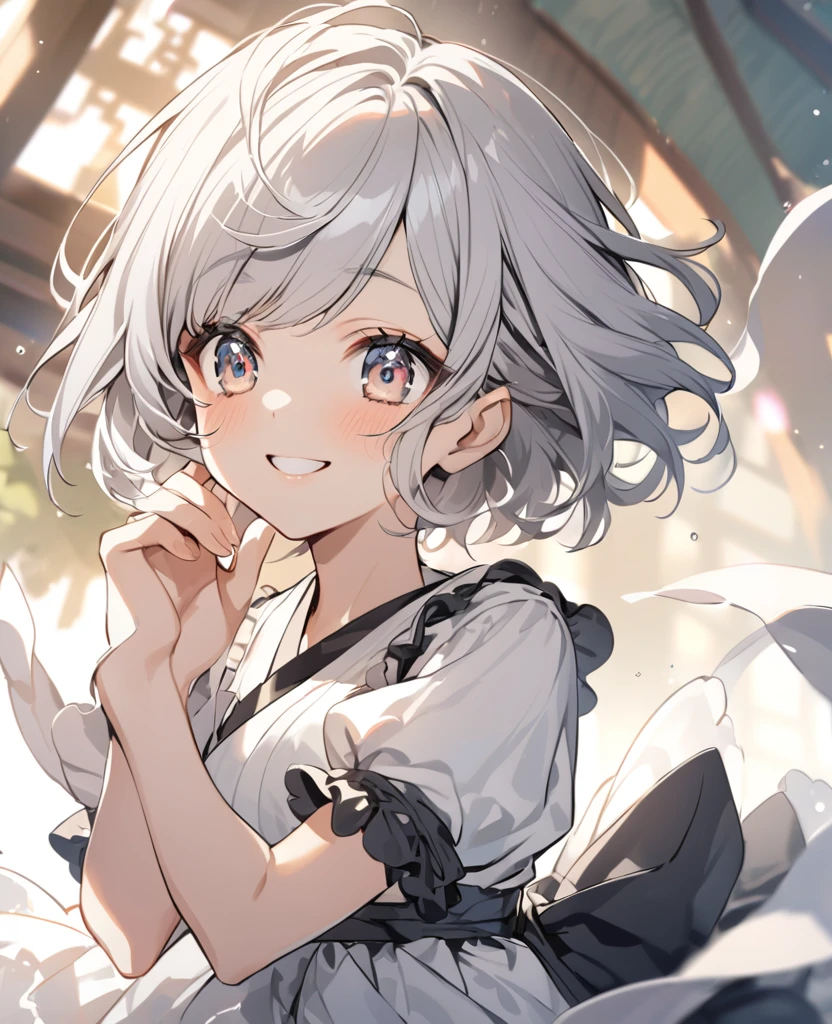 Silver Hair　Asian　smile　Drooping eyes　Demure　short hair