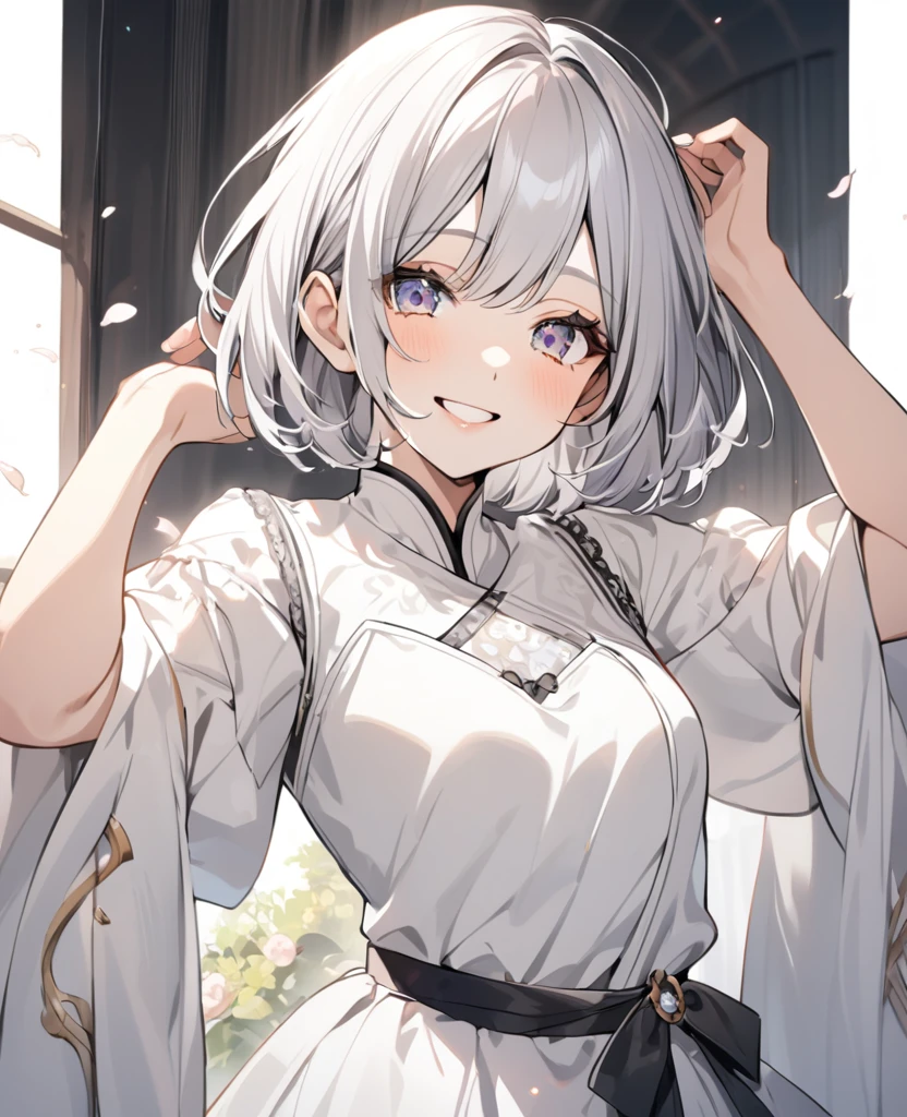 Silver Hair Asian smile Drooping eyes Demure short hair