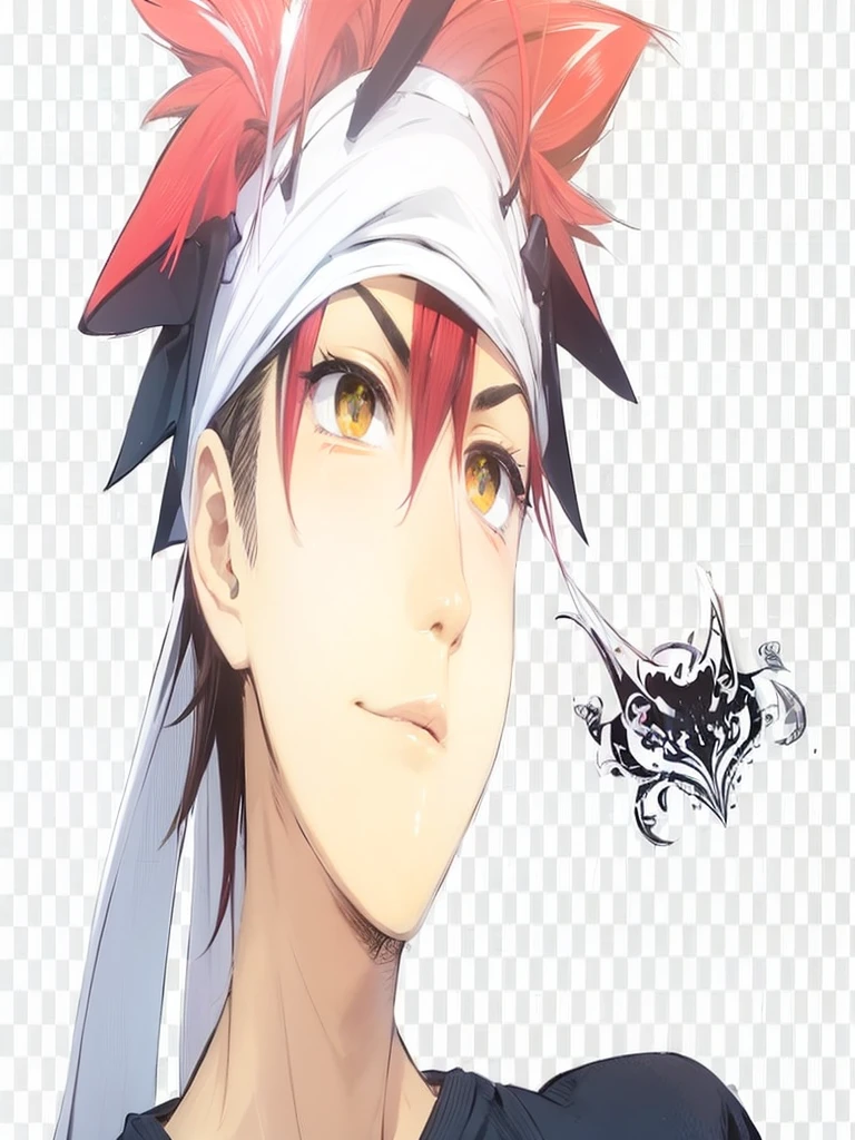 a man with long red hair, headband Eyes are yellow