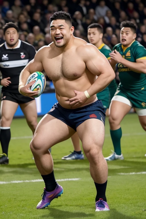 ((highest quality)), ((masterpiece)), (detailed), ((Perfect Face)), 4k, Shaved head, Young Japanese, Muscular, Fat body, Very big man, smile, ((showing off crotch)) A large Japanese man shirtless、whole body、Rugby player、Thick legs、Thick arm muscles、Intimidating、whole body、wearing a very tight and very short black-shorts, (shirtless)、((At the rugby field)), Legs open, haka dance, 24yo