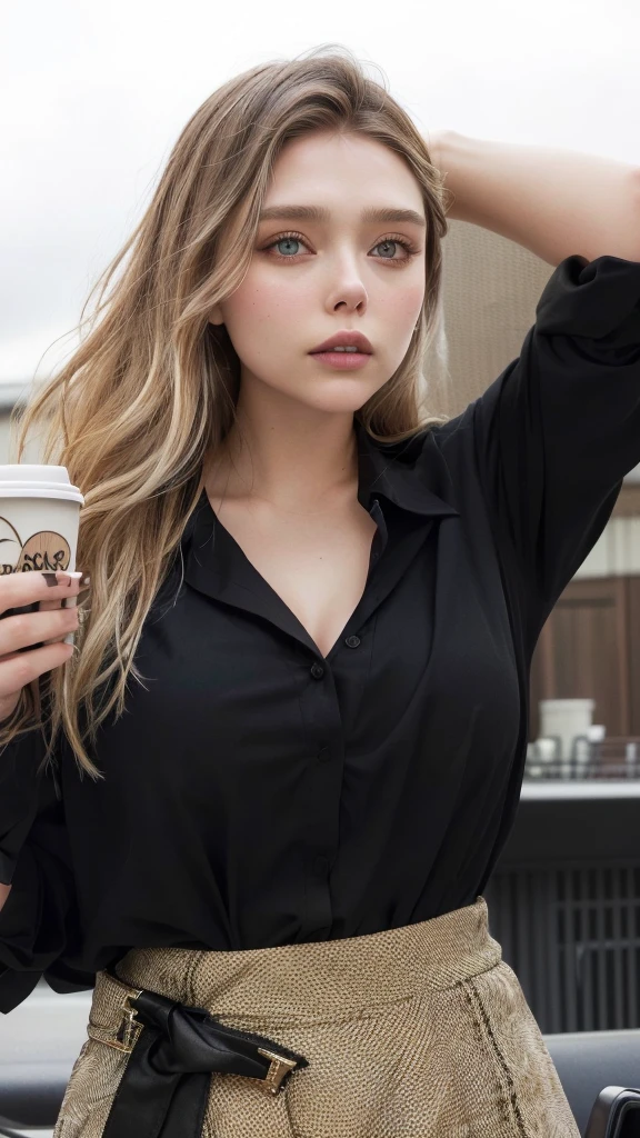 araffe woman in black shirt and skirt holding a coffee cup, elizabeth olsen, sydney sweeney, wearing a black shirt, britt marling style 3 / 4, britt marling style 3/4, alana fletcher, black shirt, subtle details, chloë grace moretz, woman drinking coffee, crisp details, julia sarda, alexa grace, on a dark background