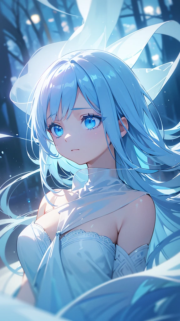 a ghostly girl, semi-transparent, sky blue hair, blue eyes, shimmering, enveloped in blue light, blue light flickering, fantastical atmosphere, bokeh, best quality, ultra-detailed, masterpiece, shallow depth of field, 8k, photorealistic, dramatic lighting, ethereal, mystical, serene, tranquil, contemplative, emotional, magical realism