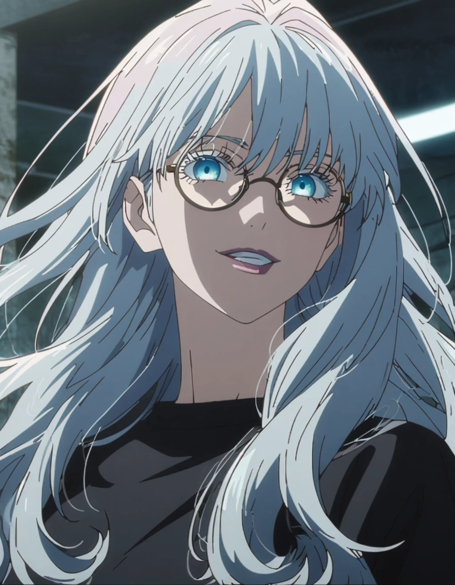 1girl, female gojo satoru, anime screencap from jujutsu kaisen, gojo satoru female version, solo, long_hair, round_eyewear, glasses, blue_eyes, white eyelashes, parted_lips, smiling, looking_at_viewer, side view, white_hair, bangs, eyelashes, face portrait, black_shirt, shirt, hair_between_eyes, floating hair, (curly hair)