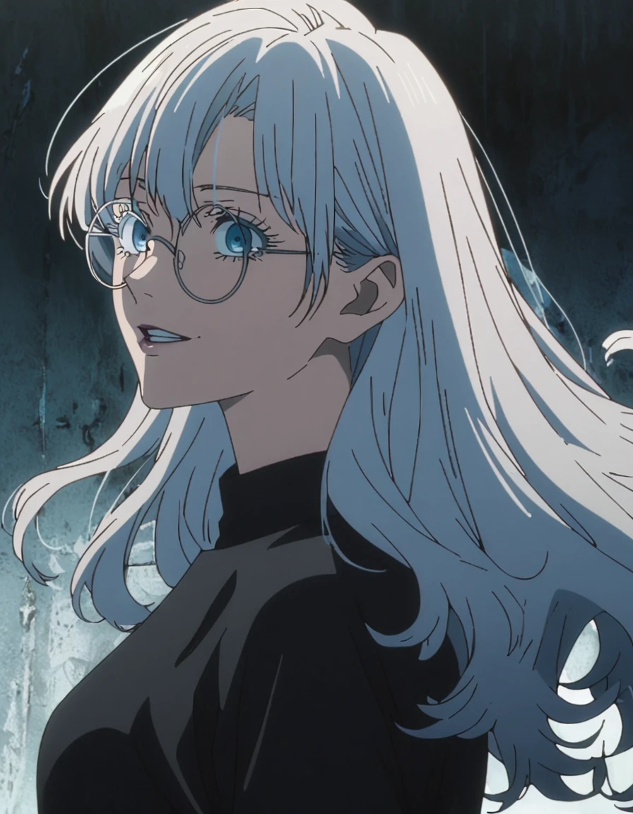 1girl, female gojo satoru, anime screencap from jujutsu kaisen, gojo satoru female version, solo, long_hair, round_eyewear, glasses, blue_eyes, white eyelashes, parted_lips, smiling, looking_at_viewer, side view, white_hair, bangs, eyelashes, face portrait, black_shirt, shirt, hair_between_eyes, floating hair, (curly hair)