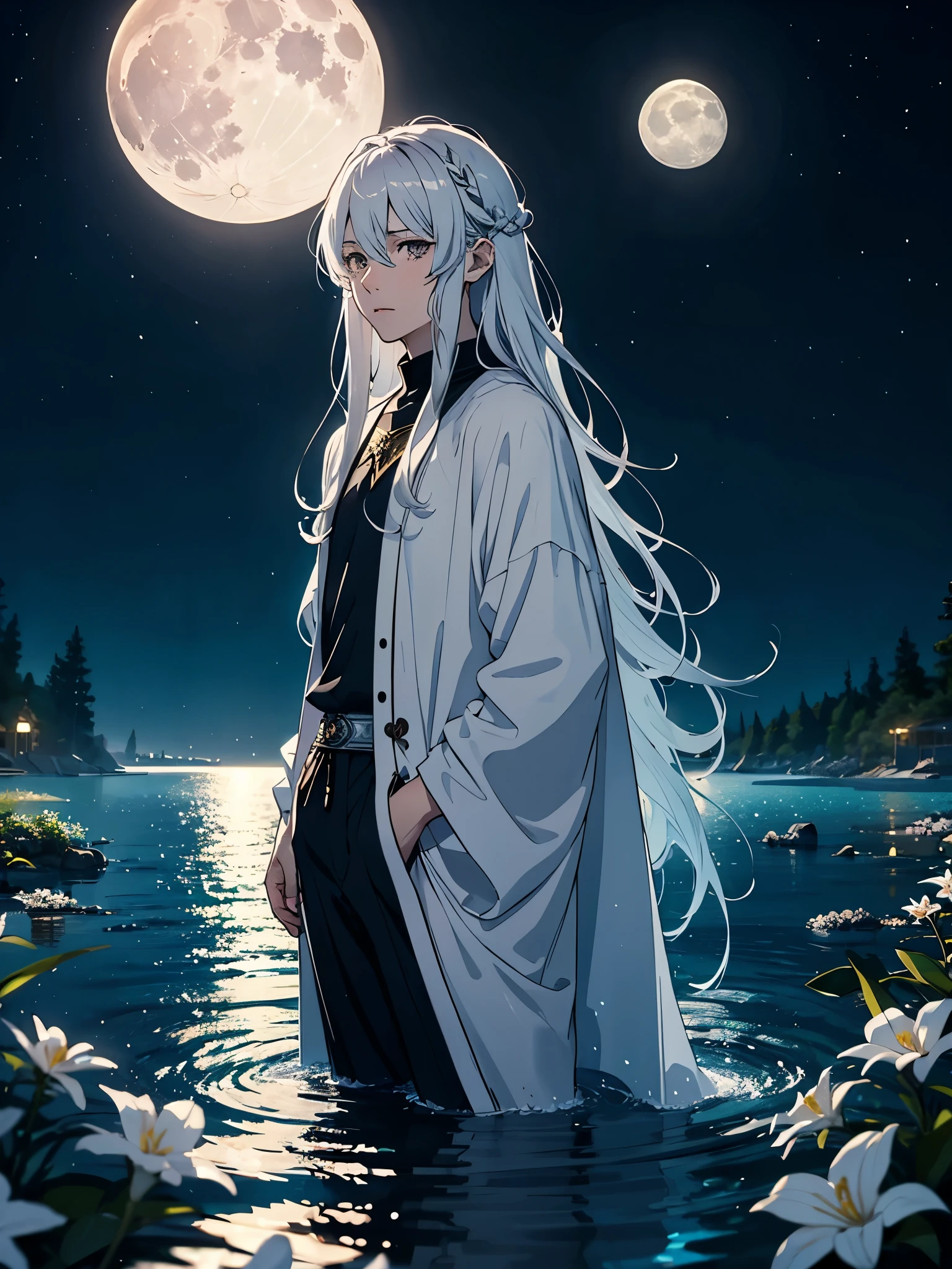 More anime. light blue light. Bright bright light. magical. Moon. White flowers. male. Long hair. long white hair. aquatic, boy, God of the Moon, silver hair accessories, White hair. 