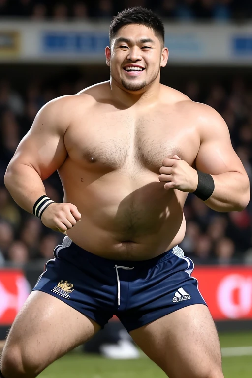 ((highest quality)), ((masterpiece)), (detailed), ((Perfect Face)), 4k, Shaved head, Young Japanese, Muscular, Fat body, Very big man, smile, ((showing off crotch)) A large Japanese man shirtless、whole body、Rugby player、Thick legs、Thick arm muscles、Intimidating、whole body、wearing a very tight and very short black-shorts, (shirtless)、((At the rugby field)), Legs open, haka dance,