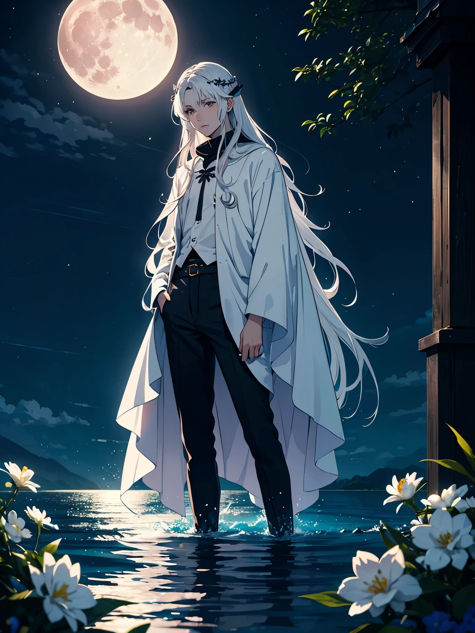More anime. light blue light. Bright bright light. magical. Moon. White flowers. male. Long hair. long white hair. aquatic, boy, God of the Moon, silver hair accessories, White hair.
