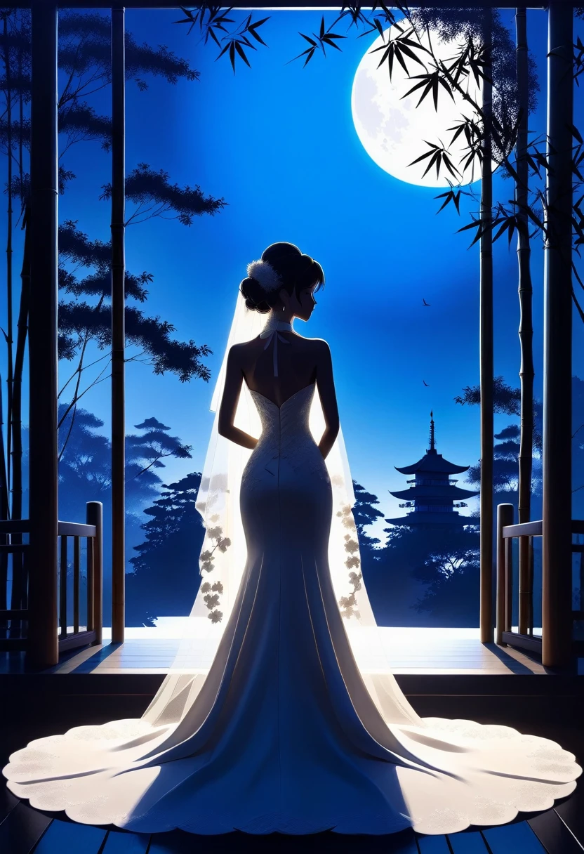 (((Silhouette Art:1.4))), 1Bridal Clothing, (Double contact:1.3), A bride in a wedding dress stands alone at a restaurant wedding，Overlooking the Japanese garden surrounded by bamboo forest, Blue Moon, (close up), promote, complicated, (best quality, masterpiece, representative work, Official Art, professional, Unity 8k wallpaper:1.3)