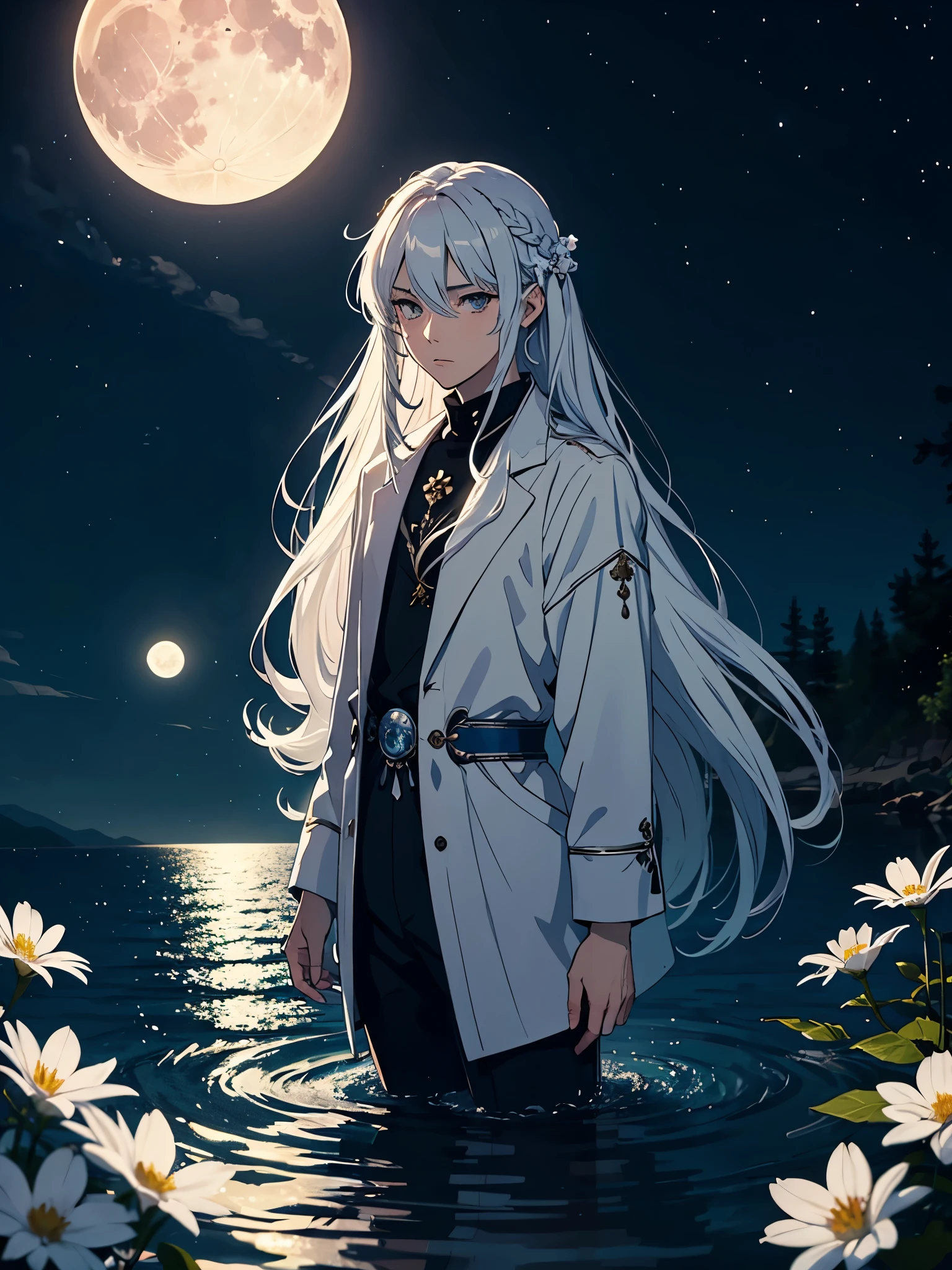 More anime. light blue light. Bright bright light. magical. Moon. White flowers. male. Long hair. long white hair. aquatic, boy, God of the Moon, silver hair accessories, White hair.