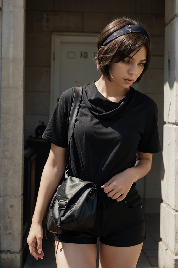 female character with short hair, wearing black clothes, using a bandana, wearing a bag