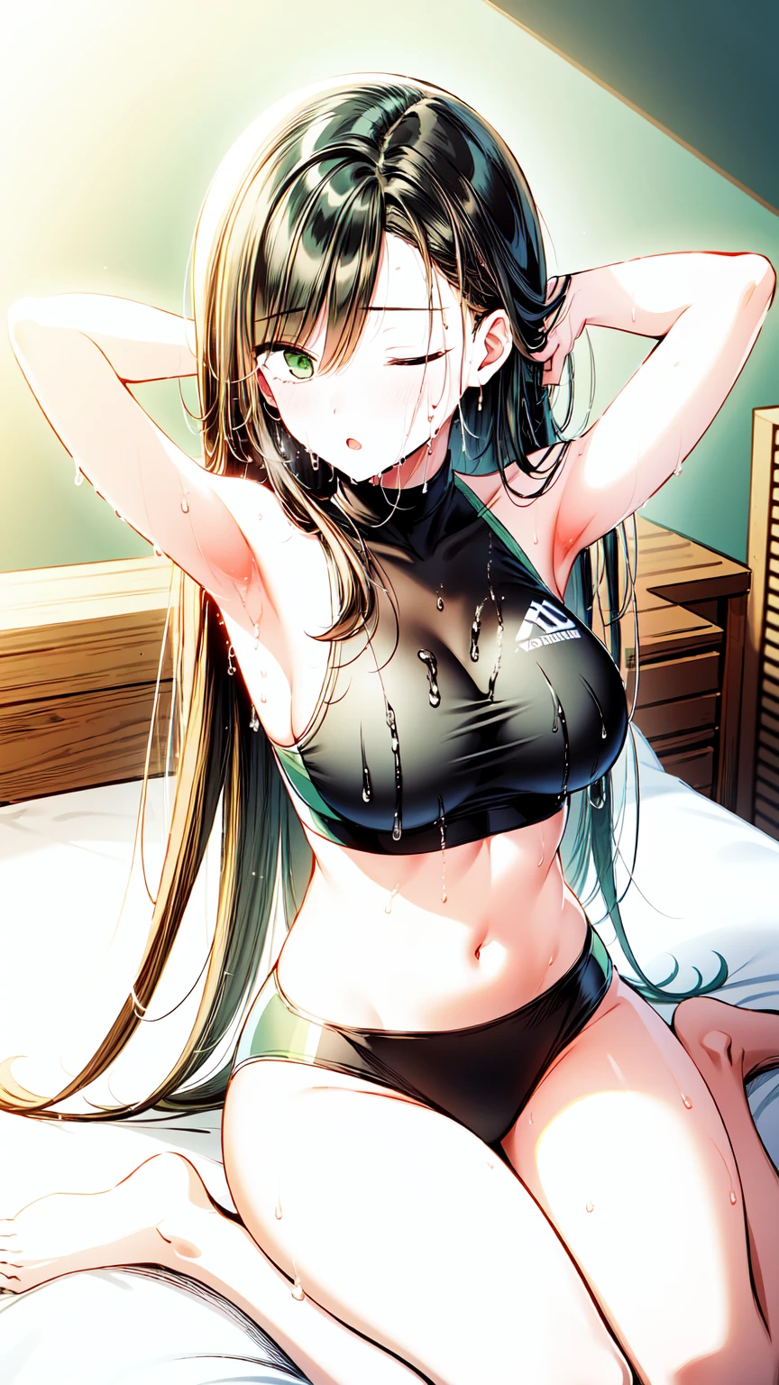 beautiful, masterpiece, best quality, extremely detailed face, perfect lighting, masterpiece, best quality, 1girl, blush, altairdb, very long hair, (green eyes:1.4), (black hair:1.4), buruma, sports bra, sportswears, navel, wet, sweat, ;o, one eyes closed, large breasts, arm behind head, sitting, wariza, on bed, looking at viewer