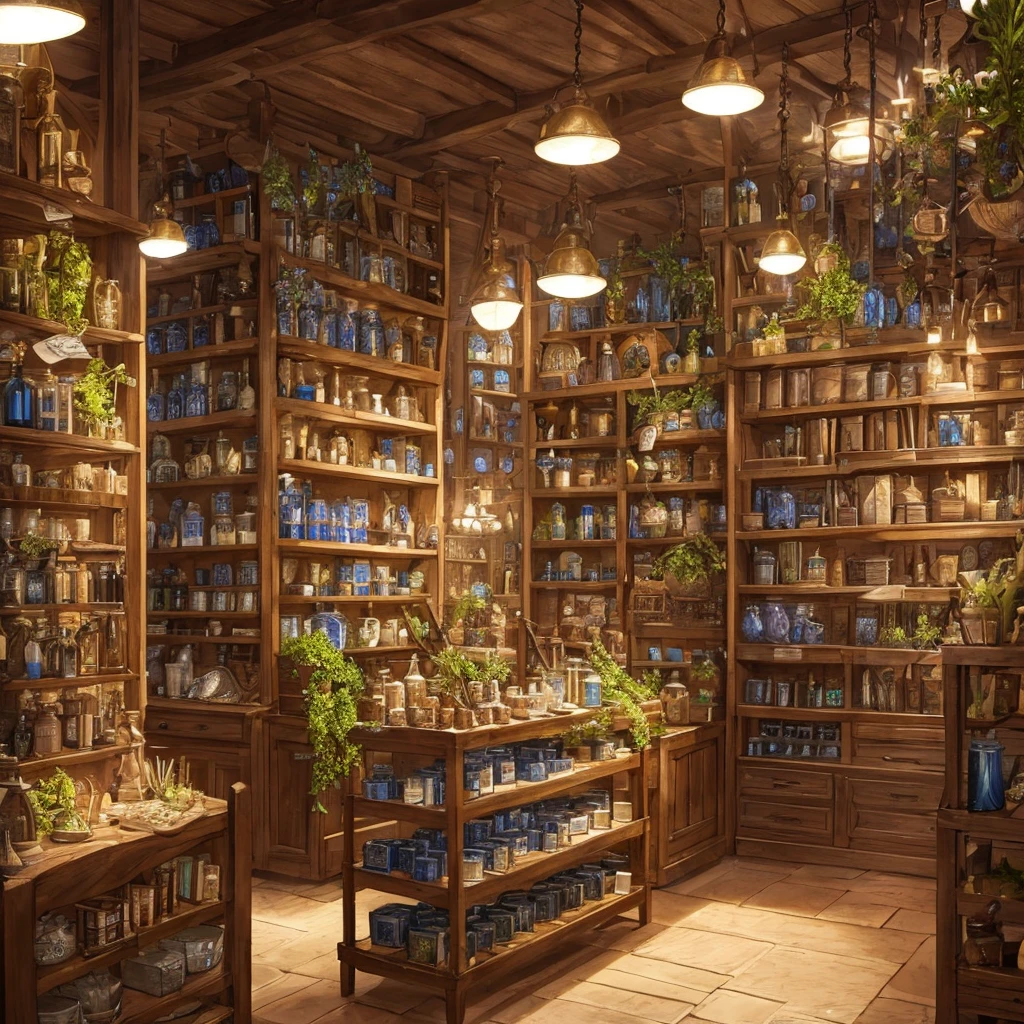 a fantastic magical herb and medicine shop, interior of an ancient fantasy apothecary, medieval fantasy architecture, ornate blue spiral patterns and designs, shelves filled with various herbs and books, warm lighting, intricate details, high quality, photorealistic, masterpiece