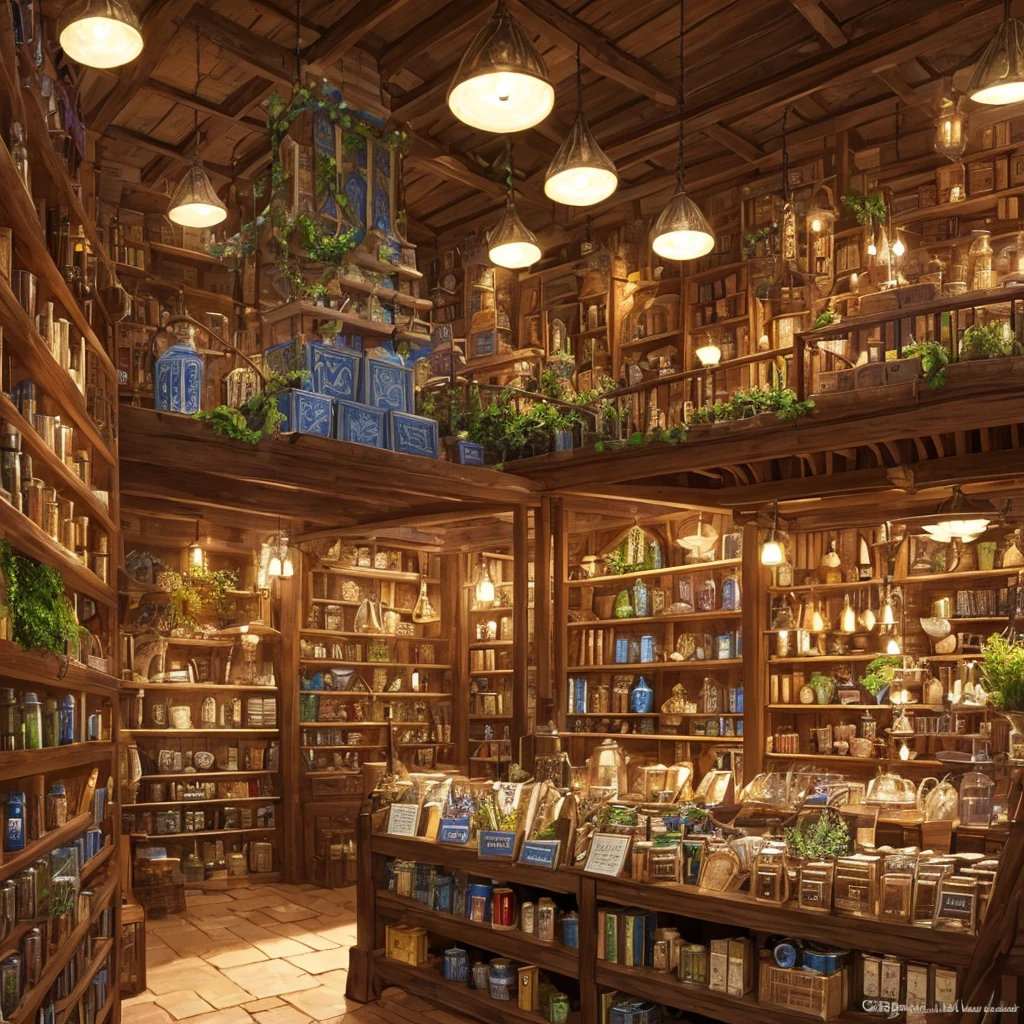 a fantastic magical herb and medicine shop, interior of an ancient fantasy apothecary, medieval fantasy architecture, ornate blue spiral patterns and designs, shelves filled with various herbs and books, warm lighting, intricate details, high quality, photorealistic, masterpiece
