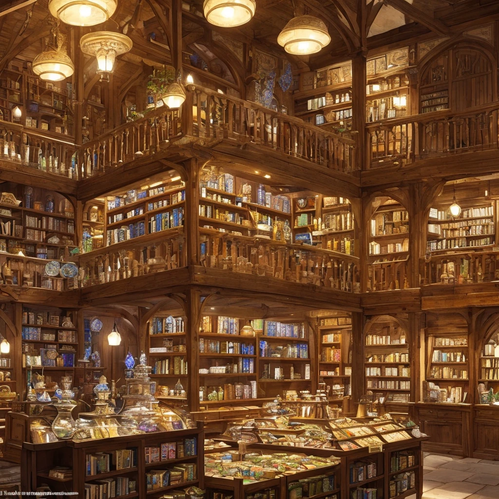 a fantastic magical herb and medicine shop, interior of an ancient fantasy apothecary, medieval fantasy architecture, ornate blue spiral patterns and designs, shelves filled with various herbs and books, warm lighting, intricate details, high quality, photorealistic, masterpiece