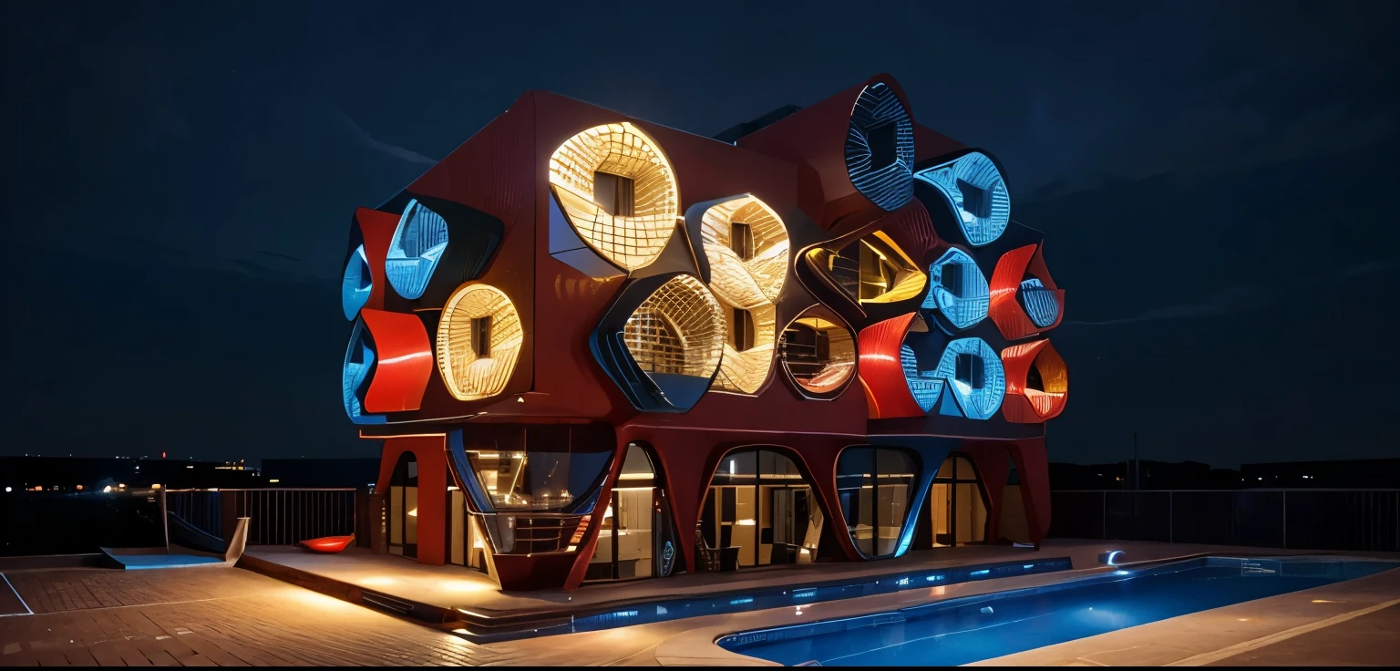 A modern style building, with balconies lighting in many color as red, yellow, blue, nightview with lighting inside, masterpiece
