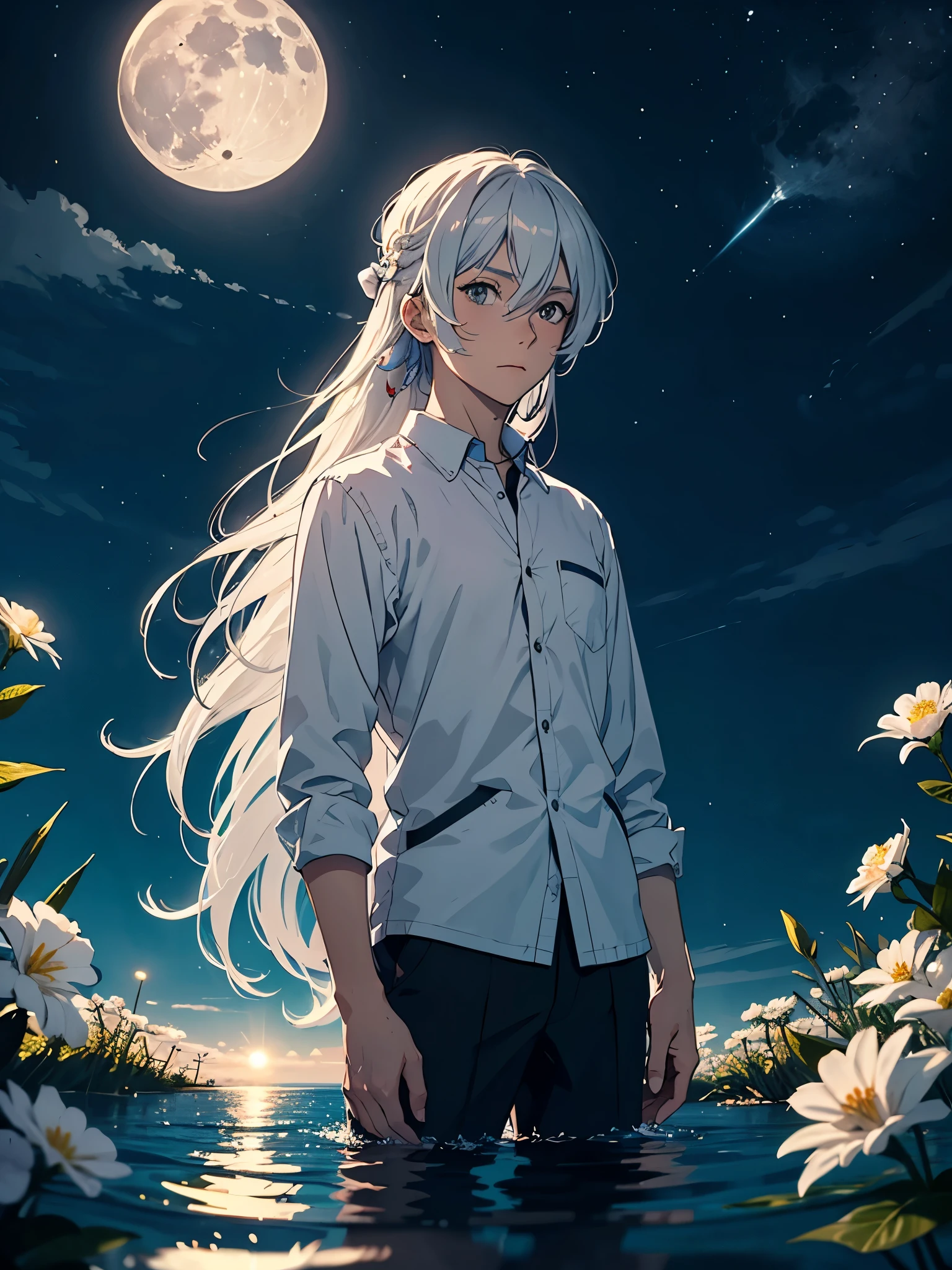 More anime. 2D. Glow. With a brown haired girl. More anime. light blue light. Bright bright light. magical. Moon. White flowers. male. Long hair. long white hair. aquatic, boy, God of the Moon, silver hair accessories, White hair.