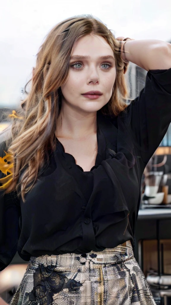 araffe woman in black shirt and skirt holding a coffee cup, elizabeth olsen, sydney sweeney, wearing a black shirt, britt marling style 3 / 4, britt marling style 3/4, alana fletcher, black shirt, subtle details, chloë grace moretz, woman drinking coffee, crisp details, julia sarda, alexa grace, on a dark background