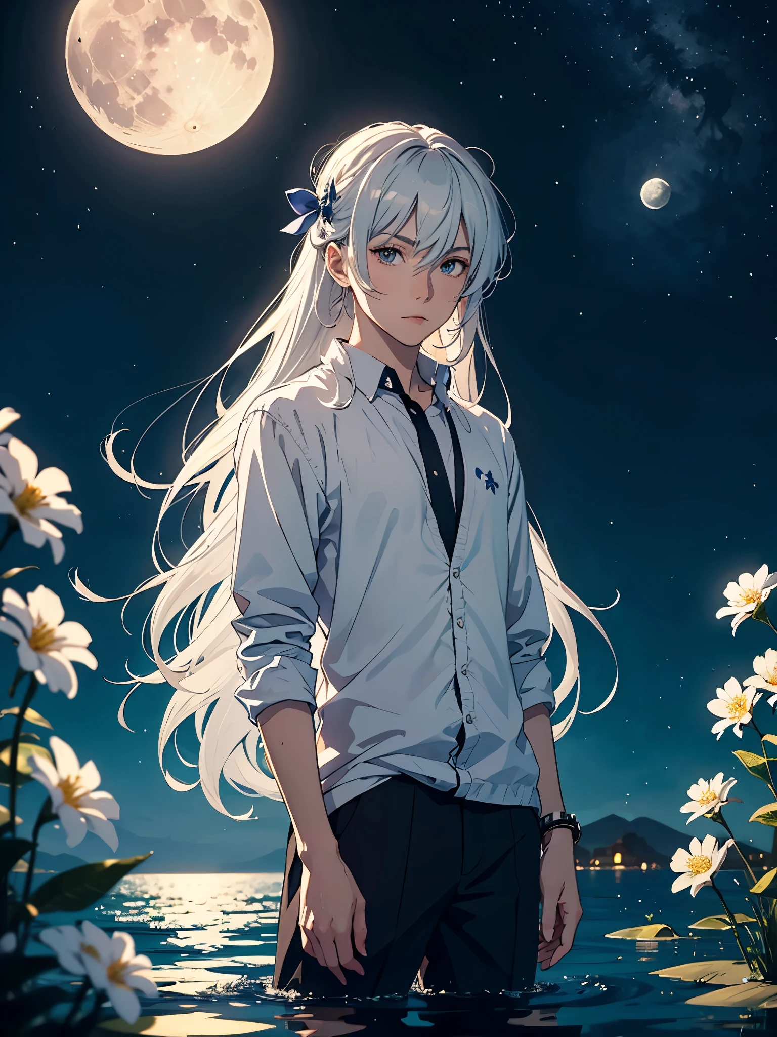 More anime. 2D. Glow. With a brown haired girl. More anime. light blue light. Bright bright light. magical. Moon. White flowers. male. Long hair. long white hair. aquatic, boy, God of the Moon, silver hair accessories, White hair.