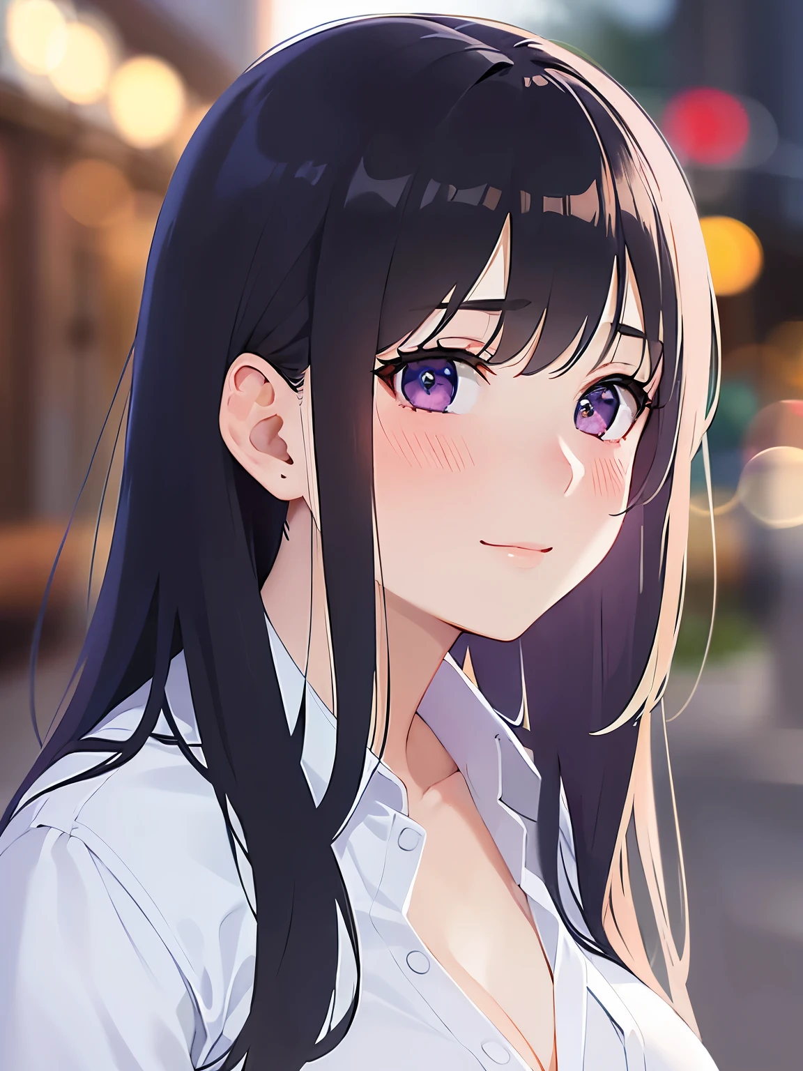 side angle, hand on own face、Biologically correct five fingers、Close-up of your face、head tilt, Cleavage、Realistic, real person, (pale skin: 1.2), RAW photo, photorealistic, shiny skin, shiny hair、(A 25-year-old woman with straight hair and bangs) and (medium hair) and (black hair) and (purple eyes) , (white) and (collared shirt)、smile, (blush:1.5), The background is a shopping street at night、Alone、Are standing