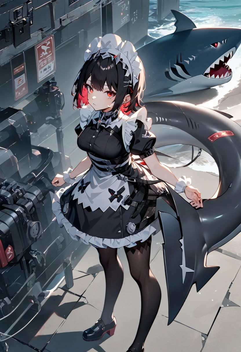 A girl and a mechanical shark,Black short hair,Red eyes,Full figure,Black pantyhose,Maid costume,Black shark tail