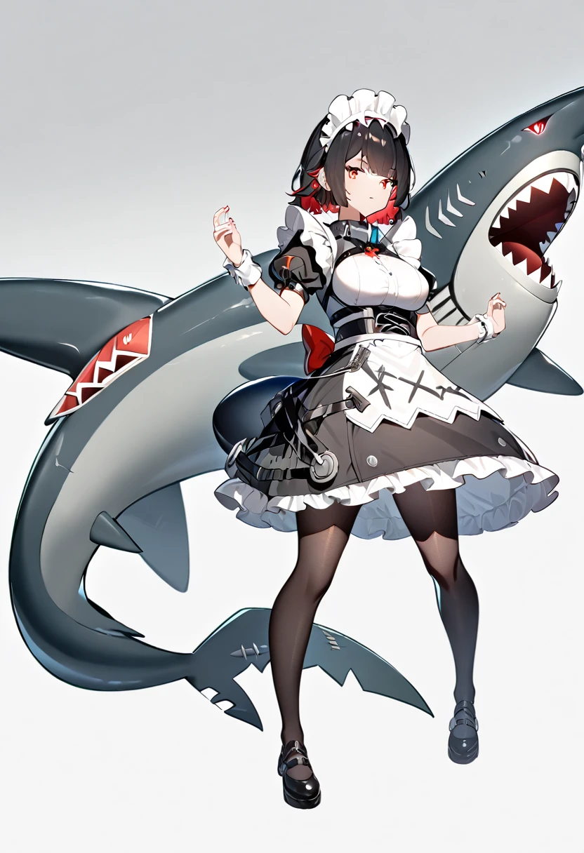 A girl and a mechanical shark，Black short hair，Red eyes，Full figure，Black pantyhose，Maid costume，Black shark tail