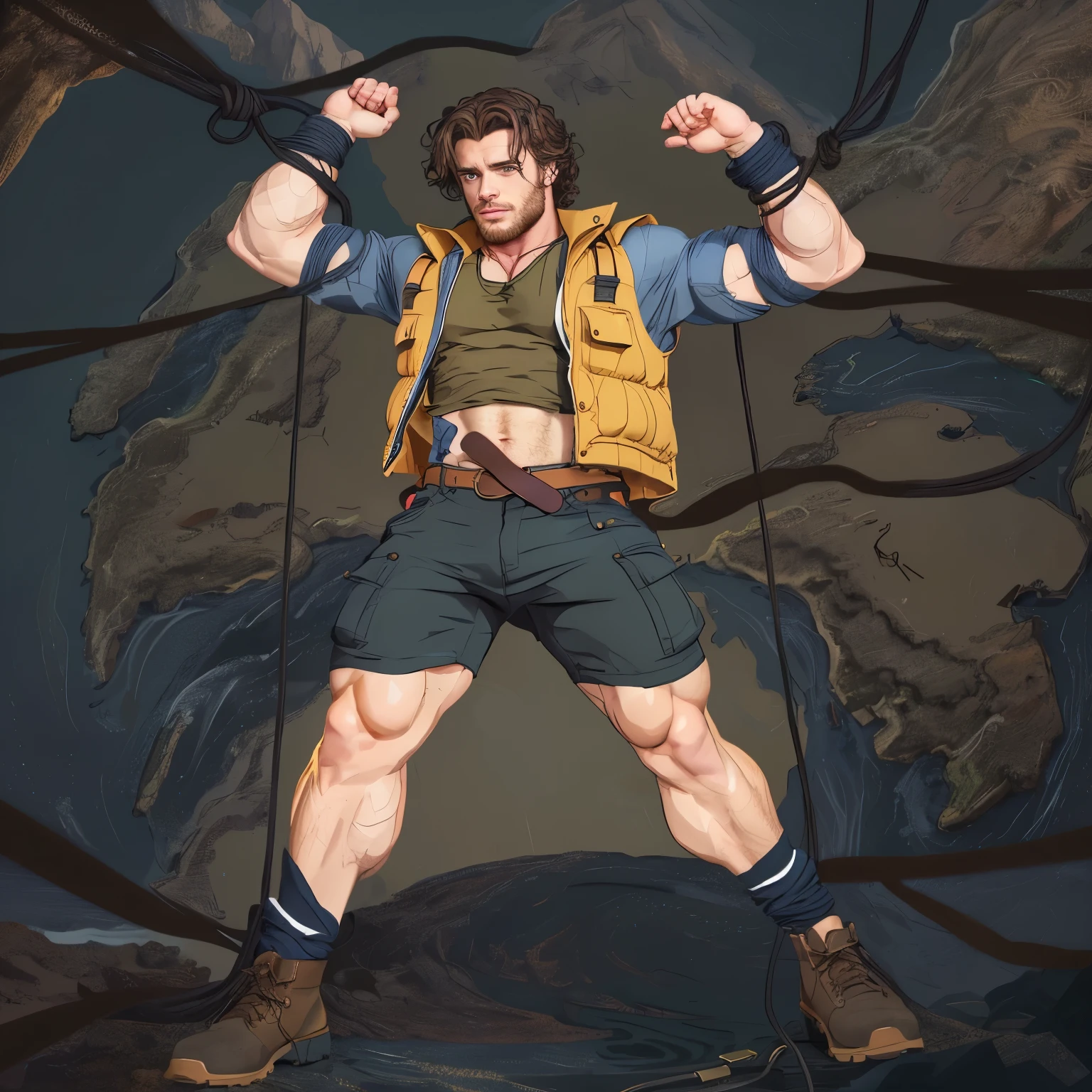 Medium shot, Handsome male, Practical, Professional photo 4k, high resolution, High Detail, Wear a casual shirt,  richardmadden 人，There was a man with a rope and a vest, death stranding art style, in style of digital illustration, Disco Elysium Characters, Fan Art, Rotoscoping Machine, aura jared and wires, Thor at Disco Elysium, Concept map, Short full body portrait!, Rotoscoping Machined, His arms and legs are hanging in the air, Digital illustration masterpiece, best quality, There is a cartoon，一个男人双手quilt举到头顶!!!, muscular!, Handsome guy&#39;s whole body, high resolution佣金, (Black Tentacles:1.4)!!!, Super charming and cool, Heavy hand gesture style close up,anthropology, (Small coat:1.2), (Sweat:1.4), (quilt:1.3)!, Muscle Man, muscular characters, (fierce:1.5）, Ash-gold eyes, Exquisite eyes, Light Blonde Gray Hair，Background is a dark dungeon，groundwater，moss，Stone Brick，On top of a pillar of fire，Look up at the camera， (Hanging in the air:1.8)，(full-body shot:1.5)，Black Tentacles缠绕四肢，Sticky mucus，Gold inch，Golden beard，Scar，Showing off your abdominal muscles，Painful expressions