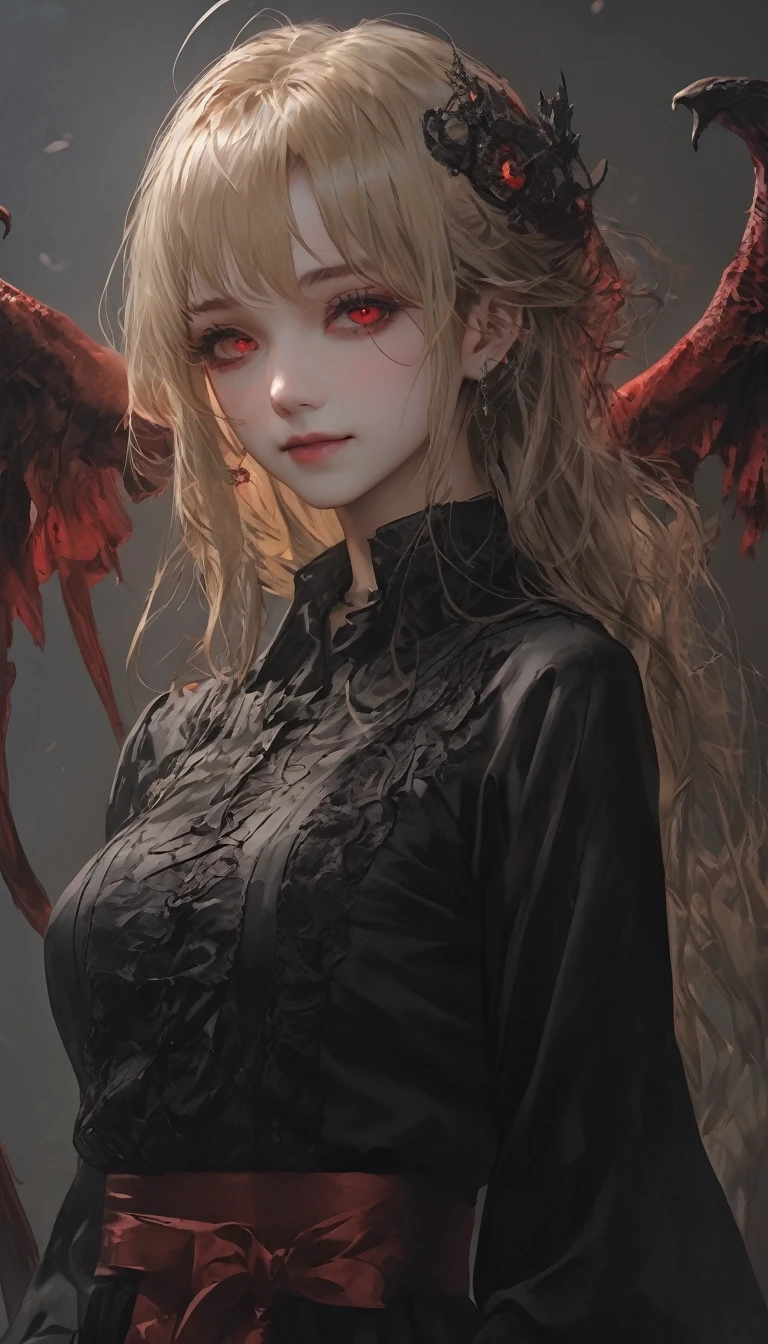 (Highest quality,4K,High resolution,masterpiece:1.2),Very detailed,Realistic:1.37,masterpiece, Highest quality, Exquisitely crafted,Landscape ,Looking to the side,Look at your audience,looking at the camera,woman, beautiful, elegant, smile, 金色のLong Hair，Long Red Dress，Indifferent eyes，Wrap the bandage around the top right corner，彼女の胸には骸Boneのペンダントがぶら下がっている，Mushrooms at your feet, Blood, iridescent Long Hair, bangs, skirt, shirt, Long sleeve, Frills, shoes, (Red and Black:1.4), flower, Spooky, Horror, 頭蓋Bones, Long Hair, Black Hair, Candles, Blood, hair flower, The dead, hair ornaments, Bone, doll, 頭蓋Bone, skeleton, Horror (theme),Spooky altar background,Dark fantasy,Red color scheme,Ominous atmosphere,Eye-catching,Storytelling,anatomy,Anime Style,Concept Art,beautiful細部までこだわった顔と (((Red eyes ))),Terrifying Ritual ,Satanic Ritual,Untimely Death,Unjust act,クレイジーなsmile,Scythe Face,Girl Monster, beautiful, Delicate facial features, Sharp Eye, Sharp Fangs, Pale skin, Blonde,robot,Cursed Painting, Dark Background,  Gothic style, Gloomy atmosphere, Dark fantasy, One Girl, , Please open your mouth wide, Open your mouth and baring your teeth,Sharp teeth like a beast, Wide lips, very wide mouth, Vermilion cheeks, ,(Bloodしぶき:1.4),Scary smile, laugh at,Fallen angel design, ねじれたsmile、Bloodまみれの、頭からの出Blood,、Bloodしぶき、,(Bloodしぶき:1.4),Crossbones, 頭蓋Bone,Horrorスタイル, ((Fantasy Fallen Angel Costume)), ((流れるようなBlack Hair)), ,(Bloodしぶき:1.4),womanの曲線, Sexy flat stomach, Perfect hands, Perfect anime face, ((White Lolita Dress)), Are standing, ((邪悪なsmile)), ,(Bloodしぶき:1.4), Steam circulates, Moonlight Illumination, night lighting, disaster々new devil horns,,(Bloodしぶき:1.6),アニメFallen angel design, ねじれたsmile、Bloodまみれの、頭からの出Blood,、Bloodしぶき、,(Bloodしぶき:1.4),Crossbones, 頭蓋Bone,Gothic architecture、Western architecture、Fantasy World、,Victorian cities, 骸Boneのガス灯、A solemn temple、