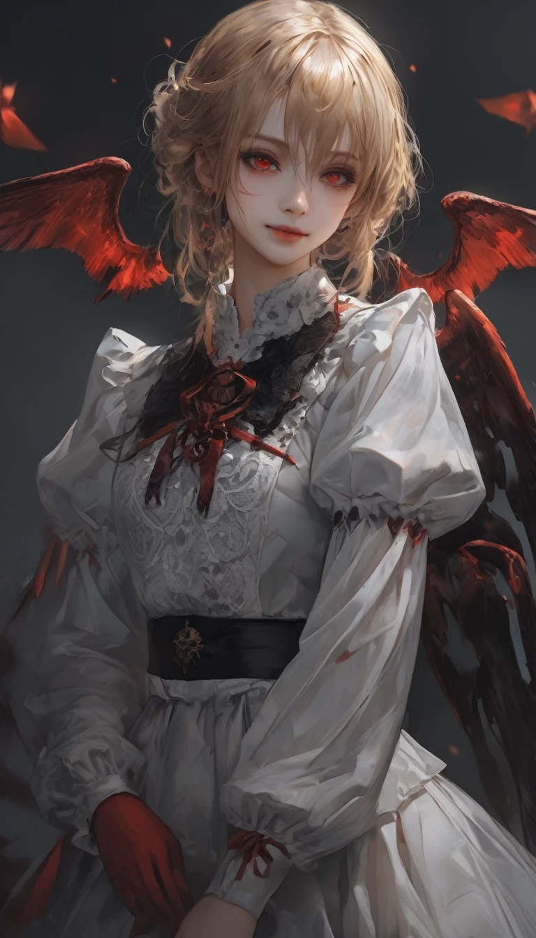 (Highest quality,4K,High resolution,masterpiece:1.2),Very detailed,Realistic:1.37,masterpiece, Highest quality, Exquisitely crafted,Landscape ,Looking to the side,Look at your audience,looking at the camera,woman, beautiful, elegant, smile, 金色のLong Hair,Long Red Dress,Indifferent eyes,Wrap the bandage around the top right corner,彼女の胸には骸Boneのペンダントがぶら下がっている,Mushrooms at your feet, Blood, iridescent Long Hair, bangs, skirt, shirt, Long sleeve, Frills, shoes, (Red and Black:1.4), flower, Spooky, Horror, 頭蓋Bones, Long Hair, Black Hair, Candles, Blood, hair flower, The dead, hair ornaments, Bone, doll, 頭蓋Bone, skeleton, Horror (theme),Spooky altar background,Dark fantasy,Red color scheme,Ominous atmosphere,Eye-catching,Storytelling,???????,Anime Style,Concept Art,beautiful細部までこだわった顔と (((Red eyes ))),Terrifying Ritual ,Satanic Ritual,Untimely Death,Unjust act,クレイジーなsmile,Scythe Face,Girl Monster, beautiful, Delicate facial features, Sharp Eye, Sharp Fangs, Pale skin, Blonde,robot,Cursed Painting, Dark Background, Gothic style, Gloomy atmosphere, Dark fantasy, One Girl, , Please open your mouth wide, Open your mouth and baring your teeth,Sharp teeth like a beast, Wide lips, very wide mouth, Vermilion cheeks, ,(Bloodしぶき:1.4),Scary smile, laugh at,Fallen angel design, ねじれたsmile、Bloodまみれの、頭からの出Blood,、Bloodしぶき、,(Bloodしぶき:1.4),Crossbones, 頭蓋Bone,Horrorスタイル, ((Fantasy Fallen Angel Costume)), ((流れるようなBlack Hair)), ,(Bloodしぶき:1.4),womanの曲線, Sexy flat stomach, Perfect hands, Perfect anime face, ((White Lolita Dress)), Are standing, ((邪悪なsmile)), ,(Bloodしぶき:1.4), Steam circulates, Moonlight Illumination, night lighting, disaster々new devil horns,,(Bloodしぶき:1.6),アニメFallen angel design, ねじれたsmile、Bloodまみれの、頭からの出Blood,、Bloodしぶき、,(Bloodしぶき:1.4),Crossbones, 頭蓋Bone,Gothic architecture、Western architecture、Fantasy World、,Victorian cities, 骸Boneのガス灯、A solemn temple、