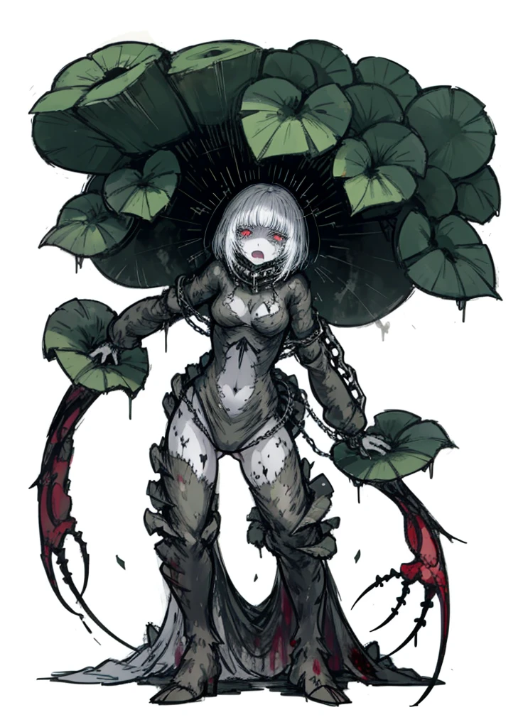 1girl,parasitic plant, insect, White hair, blood tears, dark circles under eyes, cursed,(blood covered, chains), scar covered, (high resolution, high detail, best quality), pain, scream