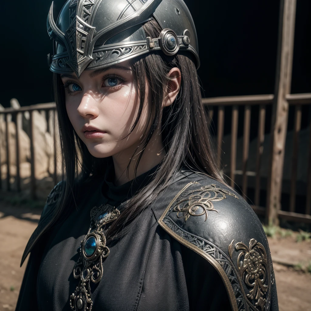 ((realistic)), cinematic shot, movie theater, photo referenced, highest quality, high quality, (detailed face and eyes:1.1), a huge knight wearing a black armor, ((intricate helmet)), face mask armor, ((big eyes)), black sclera, in the countryside, black eyes, subsurface scattering, intricate (high detail), ((cute)), (detailed skin:1.1), shiny skin, photorealism, volumetric lighting, magic circles, a castle in the background,