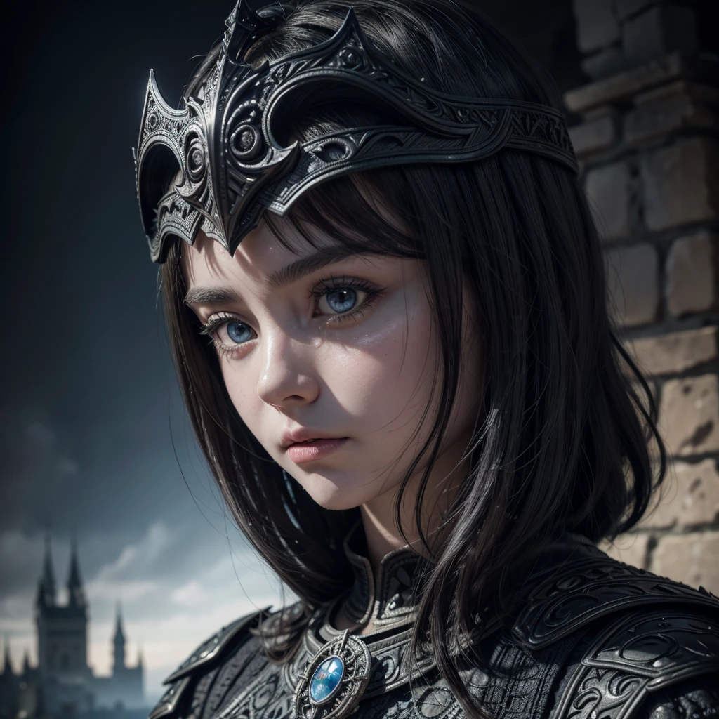((realistic)), cinematic shot, movie theater, photo referenced, highest quality, high quality, (detailed face and eyes:1.1), a huge knight wearing a black armor, ((intricate helmet)), face mask armor, ((big eyes)), black sclera, in the countryside, black eyes, subsurface scattering, intricate (high detail), ((cute)), (detailed skin:1.1), shiny skin, photorealism, volumetric lighting, magic circles, a castle in the background,