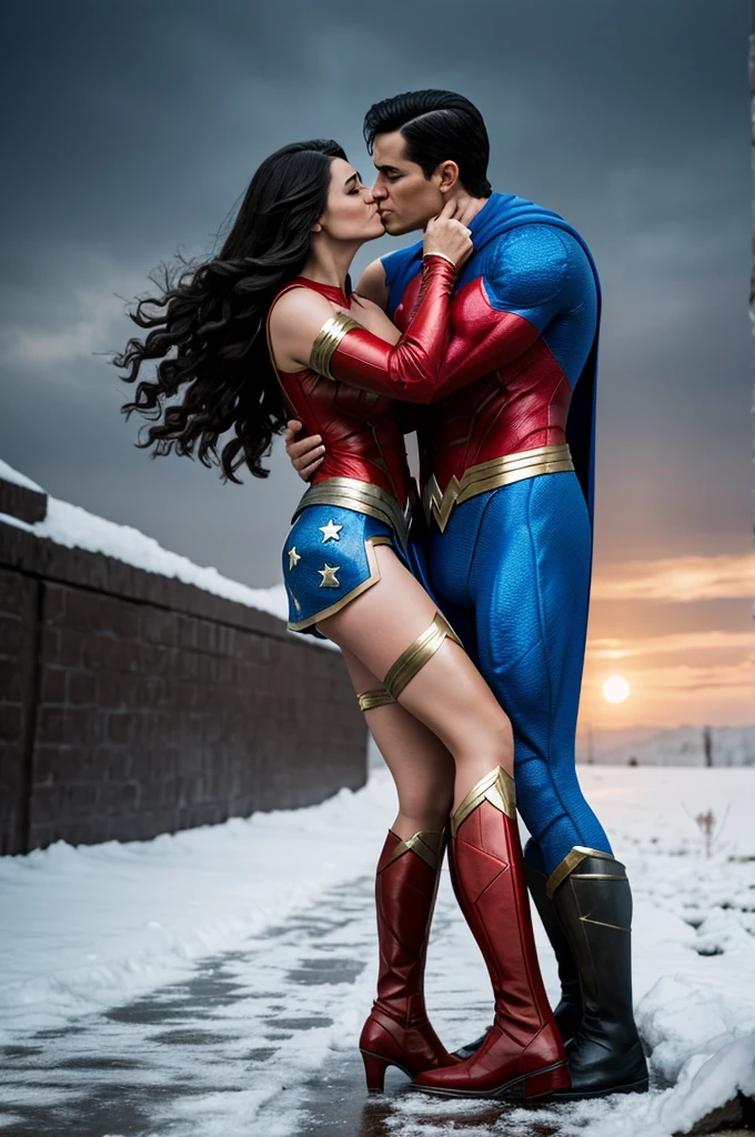 wonder women with super men romentic weather hug and kiss