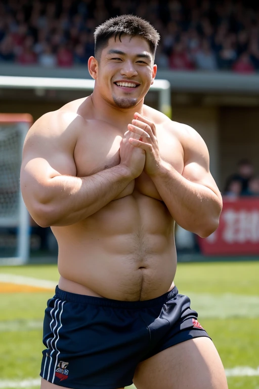 ((highest quality)), ((masterpiece)), (detailed), ((Perfect Face)), 4k, Shaved head, Young Japanese, Muscular, Fat body, Very big man, smile, ((showing off crotch)) A large Japanese man shirtless、whole body、Rugby player、Thick legs、Thick arm muscles、Intimidating、whole body、wearing a very tight and very short black-shorts, (shirtless)、((At the rugby field)), Legs open, haka dance,