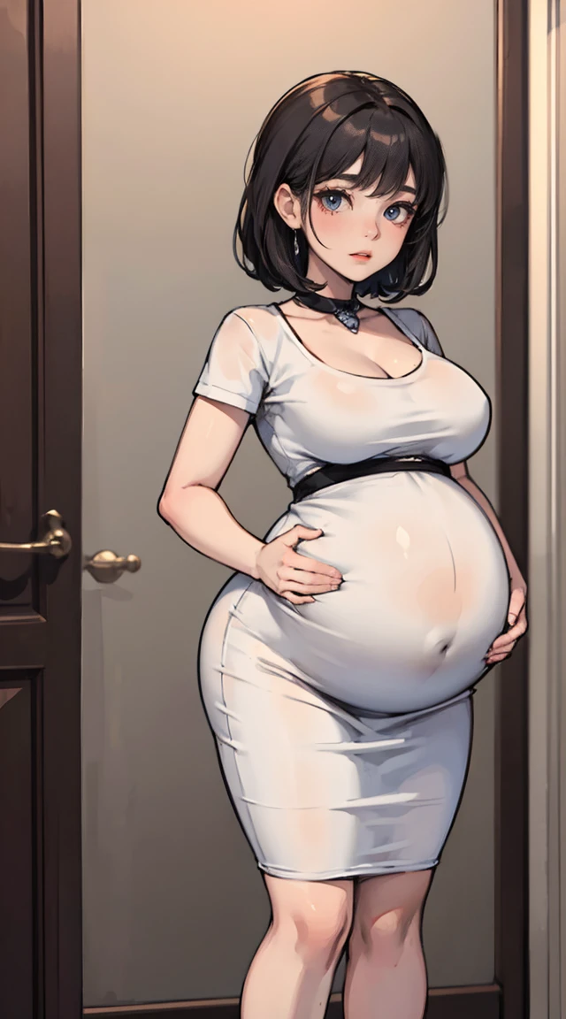 A with a thin figure and a pregnant big belly, A dignified dress