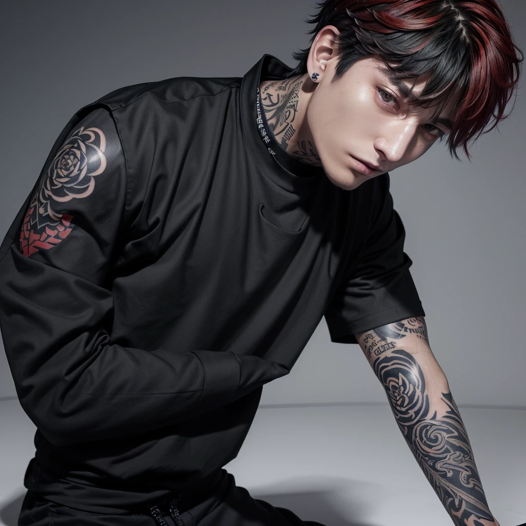 there is a man with a tattoo on his arm and a black shirt, inspired by Jeon Jungkook, jeon jungkook, fotografia de jungkook techwear, edited in photoshop, Portrait photo, Full-body close-up, wearing Japanese techwear, drainage gang bladee, black and red, korean artist, inspired by Jungkook jeon with tattoos