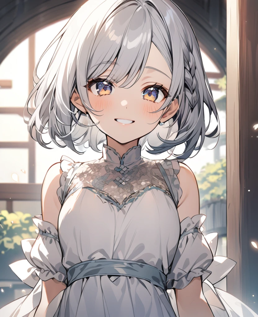 Silver Hair　Asian　smile　Drooping eyes　Demure　short hair　Braid