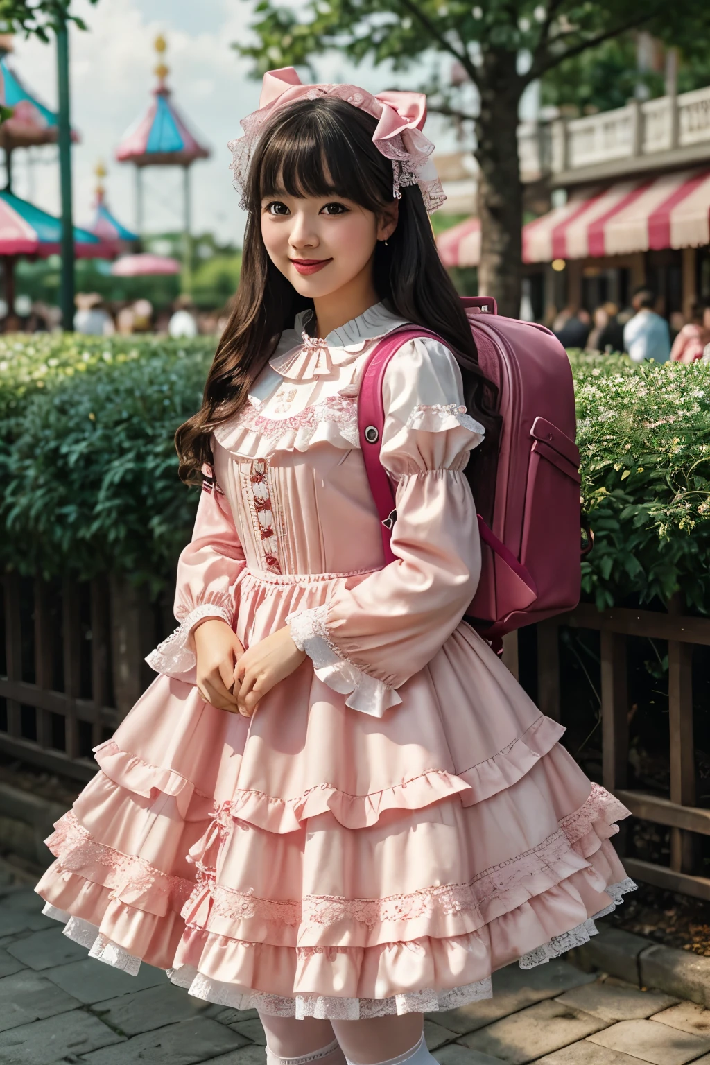best quality, masterpiece, lifelike, 1 girl, alone, eternal, black hair, long curly hair, blunt bangs, Smile, pink skirt, pink lolita dress, layered skirt, Lolita style long skirt,Layered dress lace-trimmed skirt, decorate, lace, long sleeve, puff sleeves, wide sleeves, Transparent sleeves, hair accessories, In the flower garden, flower, Detailed background,  delicate face，pink blush，white，knee socks, Pink shoes，tutu，Lots of lace，((​masterpiece))、(top quality)、8K、high detail、Super detailed、 night、21 year old woman，pink lolita dress((dreamy atmosphere:1.1))、Seductive and whimsical style、​masterpiece、born、Scenes resembling fairy tale illustrations、Intricate details showcase the ruffles and intricate design of the Lolita dress、Beautifully、magic、capricious、 Beautifully、dream aesthetics、「𝓡𝓸𝓶𝓪𝓷𝓽𝓲𝓬、ethereal、charming、fickle、magic」、Realism、Visual effects、wearing red backpack, travel backpack, rugsack、(backpack:1.2)、high resolution、ultra high definition、megapixel、(8K resolution:1.10)、8K、8K less、8K resolution、high detail、intricate details、A look of surprise and awe on her face、 (high quality:1.2、​masterpiece:1.2、:1.21)、(21 year old female:1.21)、(smile excitedly)、(Surrounded by the dreamy atmosphere of an amusement park)、pink lolita dress、Her eyes were full of surprise and joy、Shooting at many geeks、、High heel、slime、A slender one、standing at outdoor, full body
