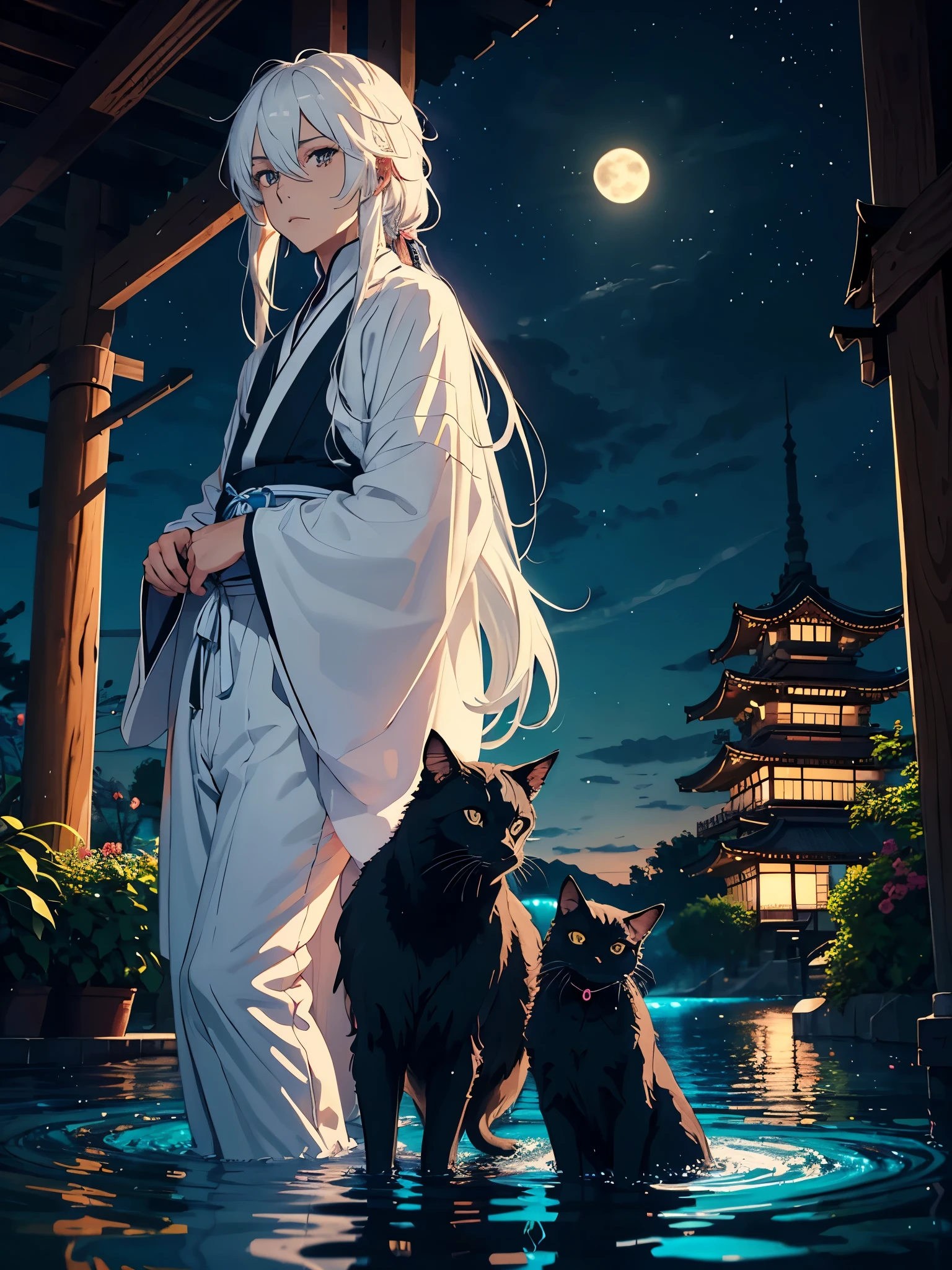 Longer hair. Mehr anime. 2D. Glow. With black cat. Blauer Mond. Roter Kimono. Rote Blumen. Japanisches Tor. Tori. Blue wolf. Kimono. . More anime. light blue light. Bright bright light. male. Long hair. long white hair. aquatic, boy, God of the Moon, silver hair accessories, White hair.