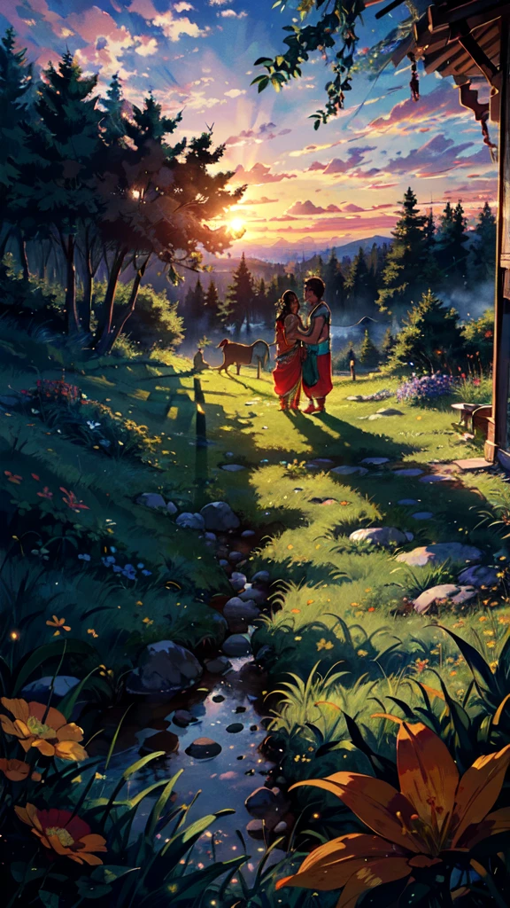 beautiful sunset, hindu temple, newly married south indian couple in traditional saree and doti outfit, decorative flower garland in thier neck, BREAK (masterpiece, best quality:1.2), outdoors, nature, forest, pines, grass, tall grass, detailed grass, plants, day, clouds, flower