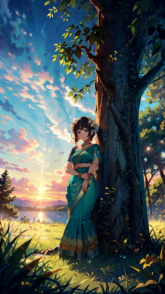 beautiful sunset, hindu temple, newly married south indian couple in traditional saree and doti outfit, decorative flower garland in thier neck, BREAK (masterpiece, best quality:1.2), outdoors, nature, forest, pines, grass, tall grass, detailed grass, plants, day, clouds, flower