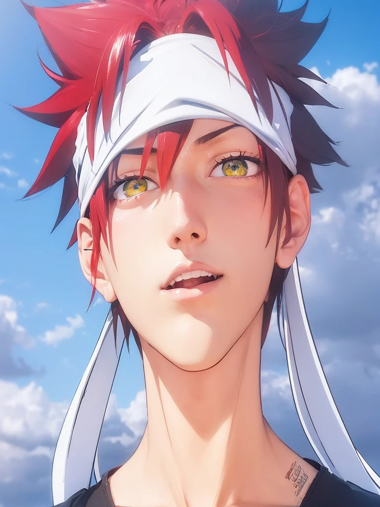 a man with long red hair, headband Eyes are yellow, hd 4k 3D