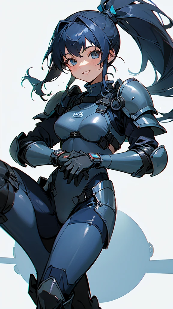 (Highest quality,High resolution:1.2), 18-year-old girl, Dark blue-black hair, Side Ponytail, smile, Laugh together, Lightweight blue bikini armor, Blue gloves, Relaxed pose, Natural light.