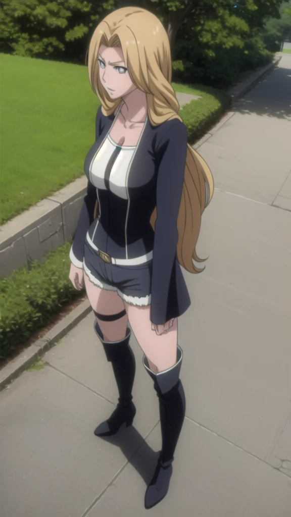  rangiku matsumoto, Long Hair,Black thigh-high boots,Beige jean shorts,Roll up your sleeves,